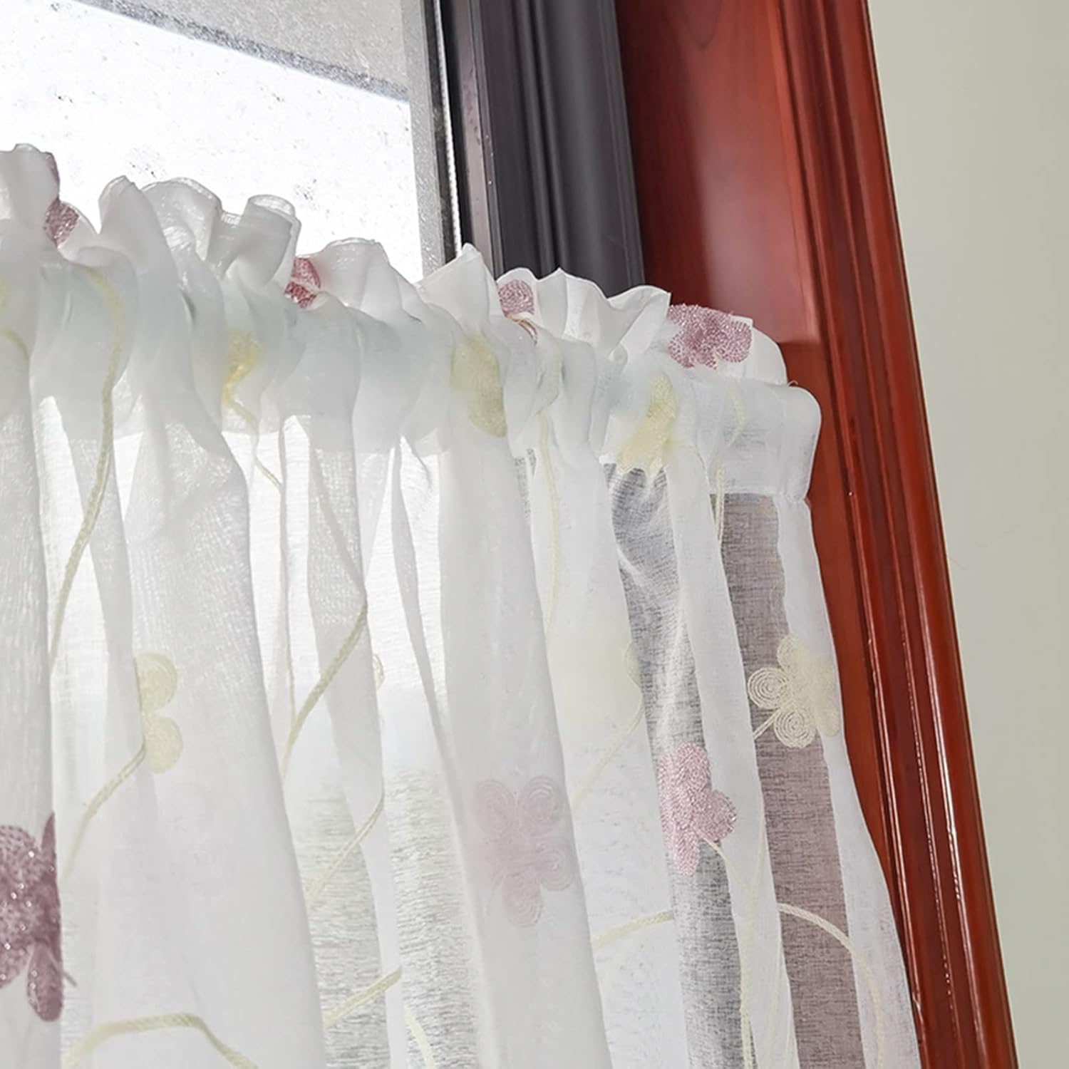 Kitchen Curtains Floral Embroidered Sheer Tier Curtains, Short Voile Cafe Curtains Rustic Style Flower Curtain Valance for Small Window/Cupboard Decor (Size : W300xH130cm/118x51in)