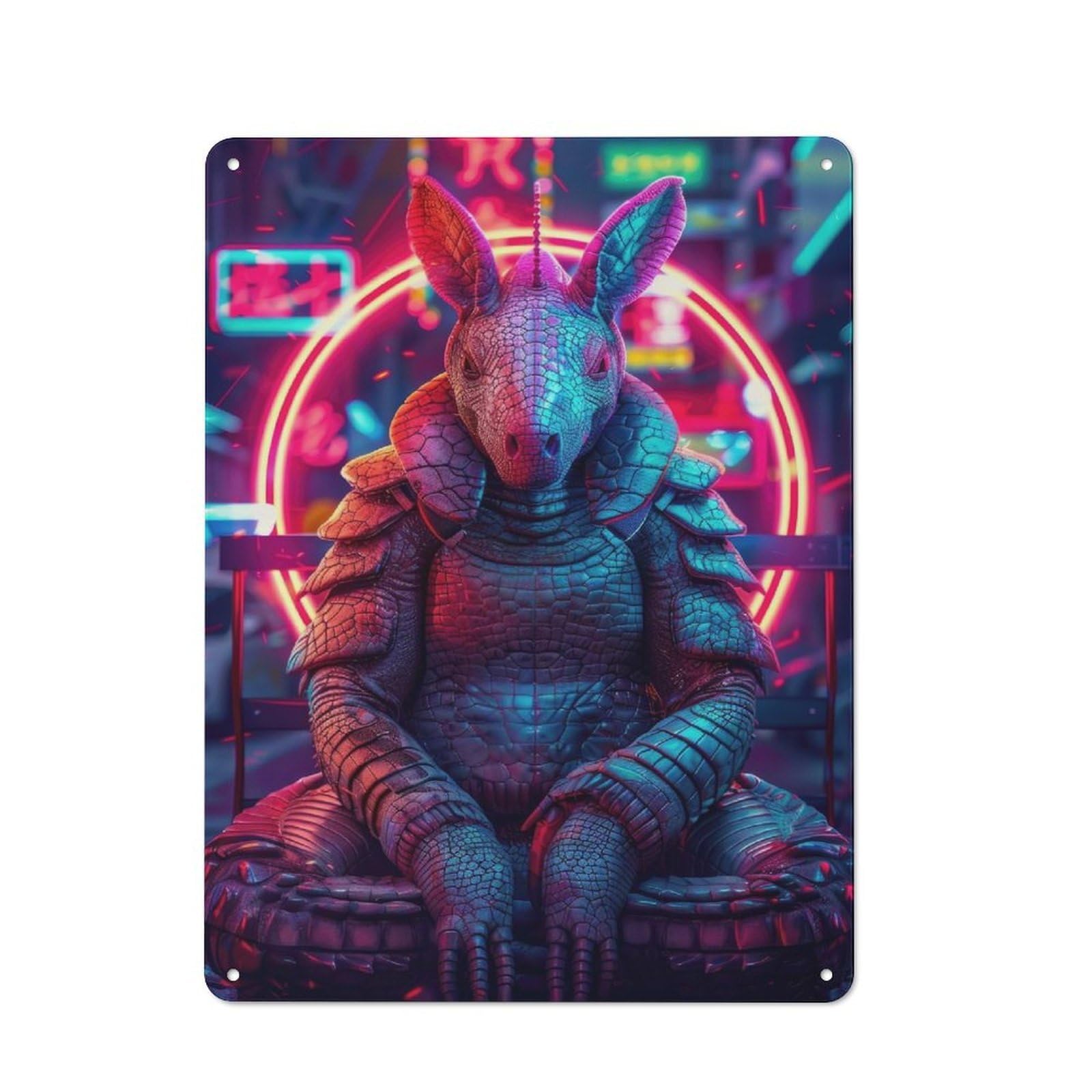 Junmoney Style-13 Tin Wall Plaque 40X30cm With Cyberpunk Armadillo In Neon Cityscape For Man Cave Or Games Room, A Christmas Gift For Leisure-Room Decor Enthusiasts
