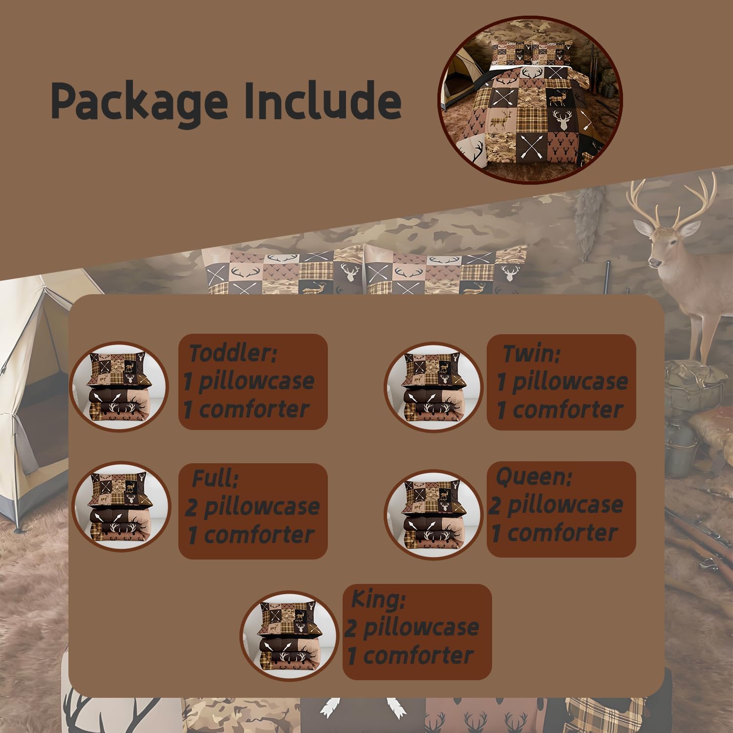 Feelyou Hunting Camo Deer Comforter Set Full Size Rustic Western Farmhouse Bedding Set for Kids Boys Girls Wildlife Animal Duvet Quilt Camouflage Hunter Bedroom Decor 3 Pcs with 2 Pillow Cases - Image 5