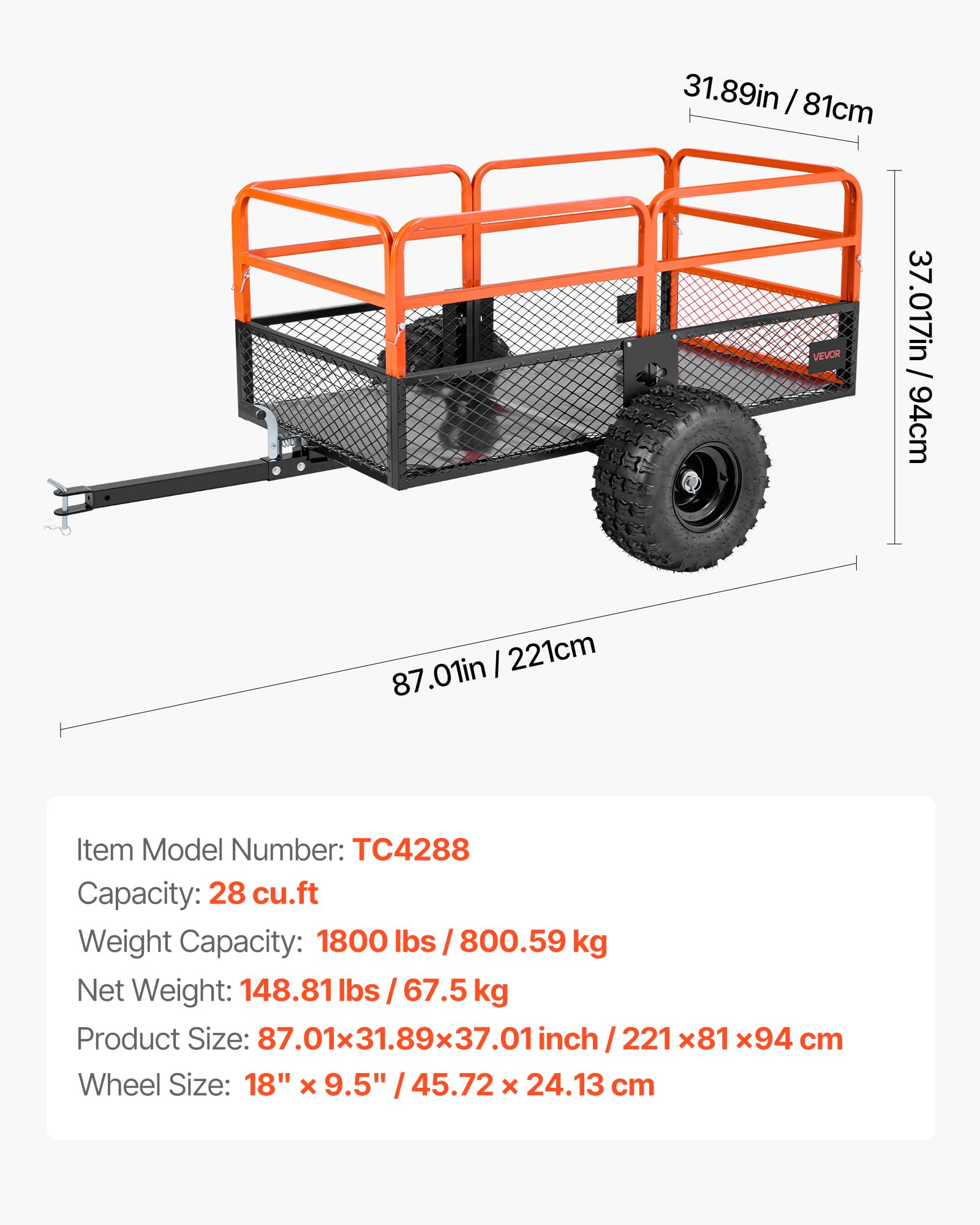 VEVOR Remorque à Benne Basculante, 793 L, Remorque de Tracteur Tondeuse à Gazon de Jardin en Acier, Capacité de Charge 800,6 kg, avec Pneus 45,72 cm, Chariot de Transport à Déversement pour VTT, UTV