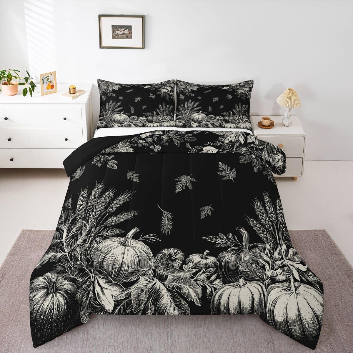 Feelyou Fall Pumpkin Comforter Set All Season Rustic Bedding Set with 1 Pillow Cases Farmhouse Autumn Maple LeavesTwin Bedclothes Vintage Country Bedroom Decor Black Duvet Quilt Breathable Soft