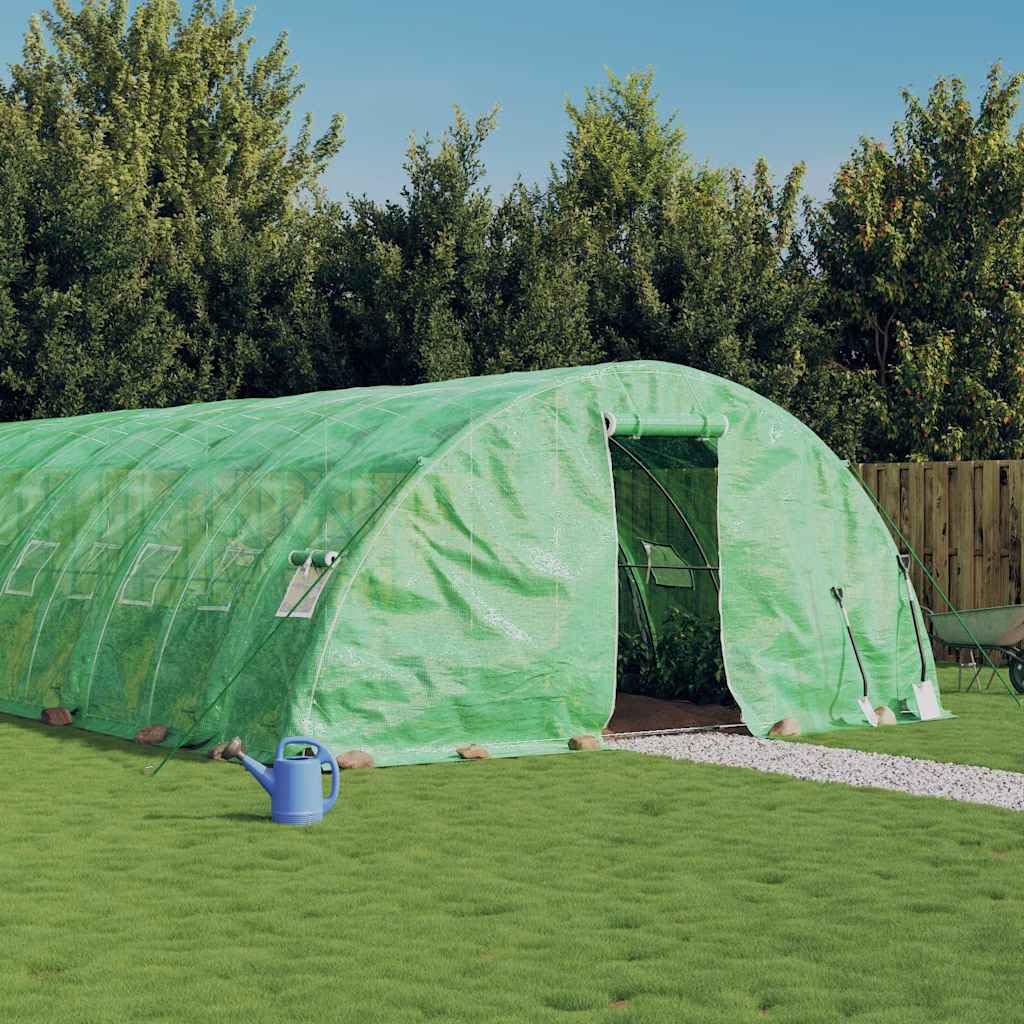 Gewächshaus mit Stahlrahmen Grün 70 m² 14x5x2,3 m für Hobbygartenbau, Anzucht, Pflanzenpflege, Balkon und Terrasse, wetterfest, UV-beständig, robust, mit Belüftung und Fenstern