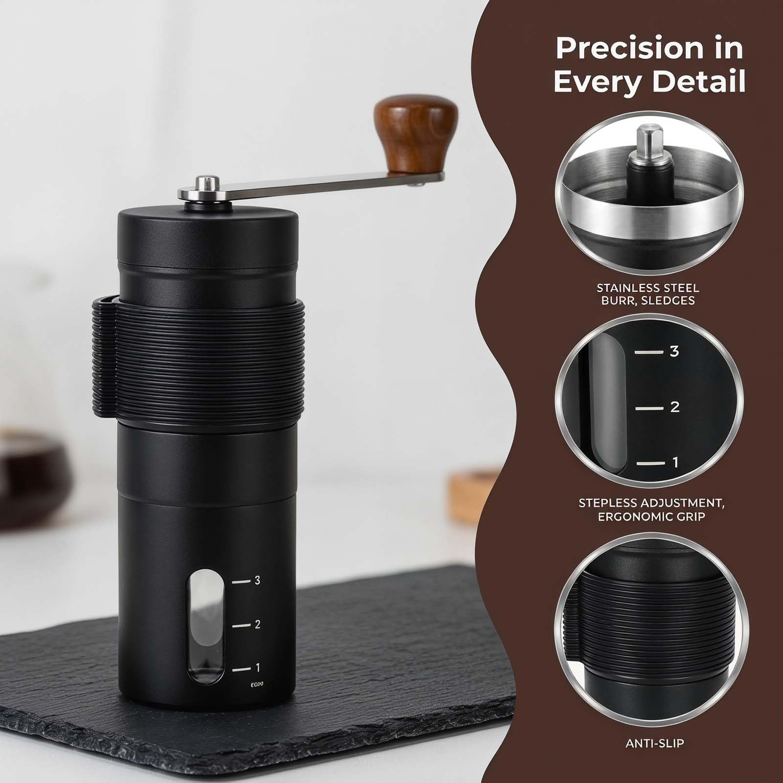 Macinacaffè Manuale Professionale in Acciaio Inox - Macina Caffè Portatile con Macinatura Regolabile per Moka, Espresso e Caffè Filtro, Design Sottile e Leggero per Casa e Viaggio