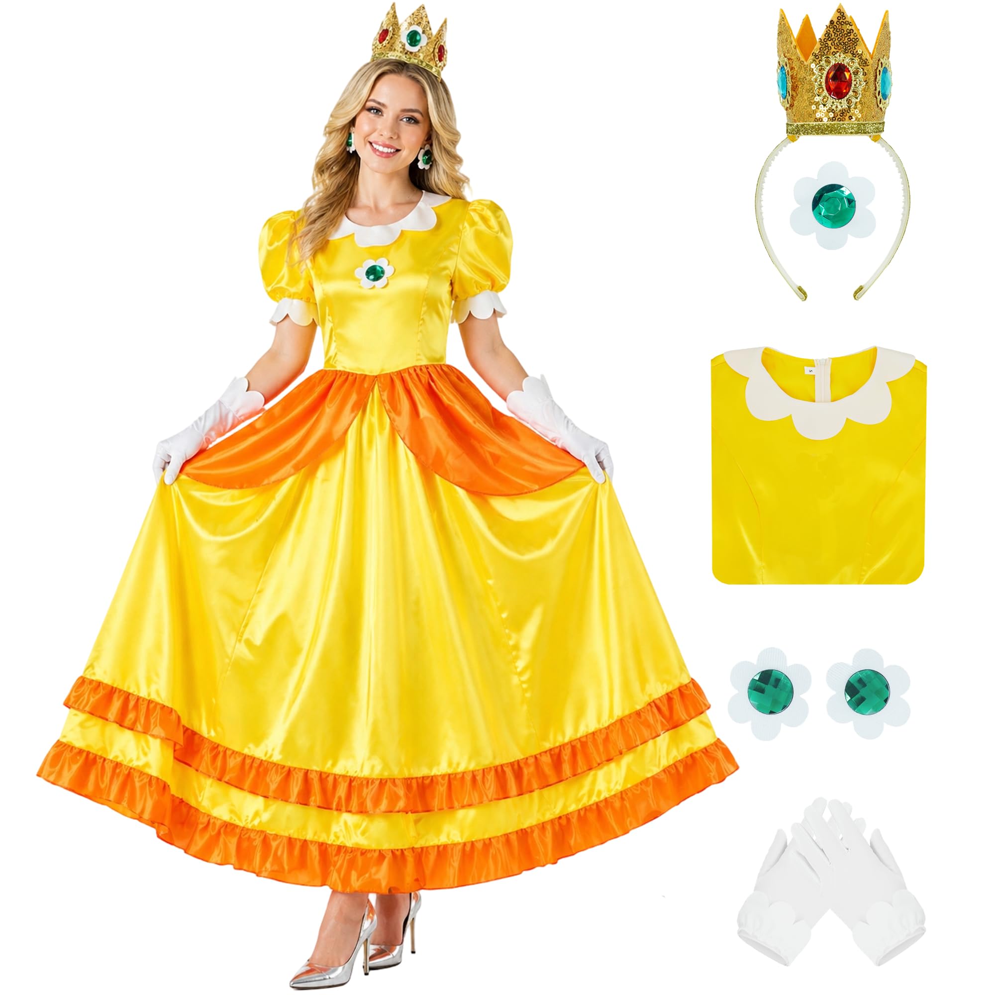 AYYOHON Rosalina Costume Adult Princess Daisy Dress Women Party Gown Halloween Cosplay Crown Earrings Gloves Brooch Set XL