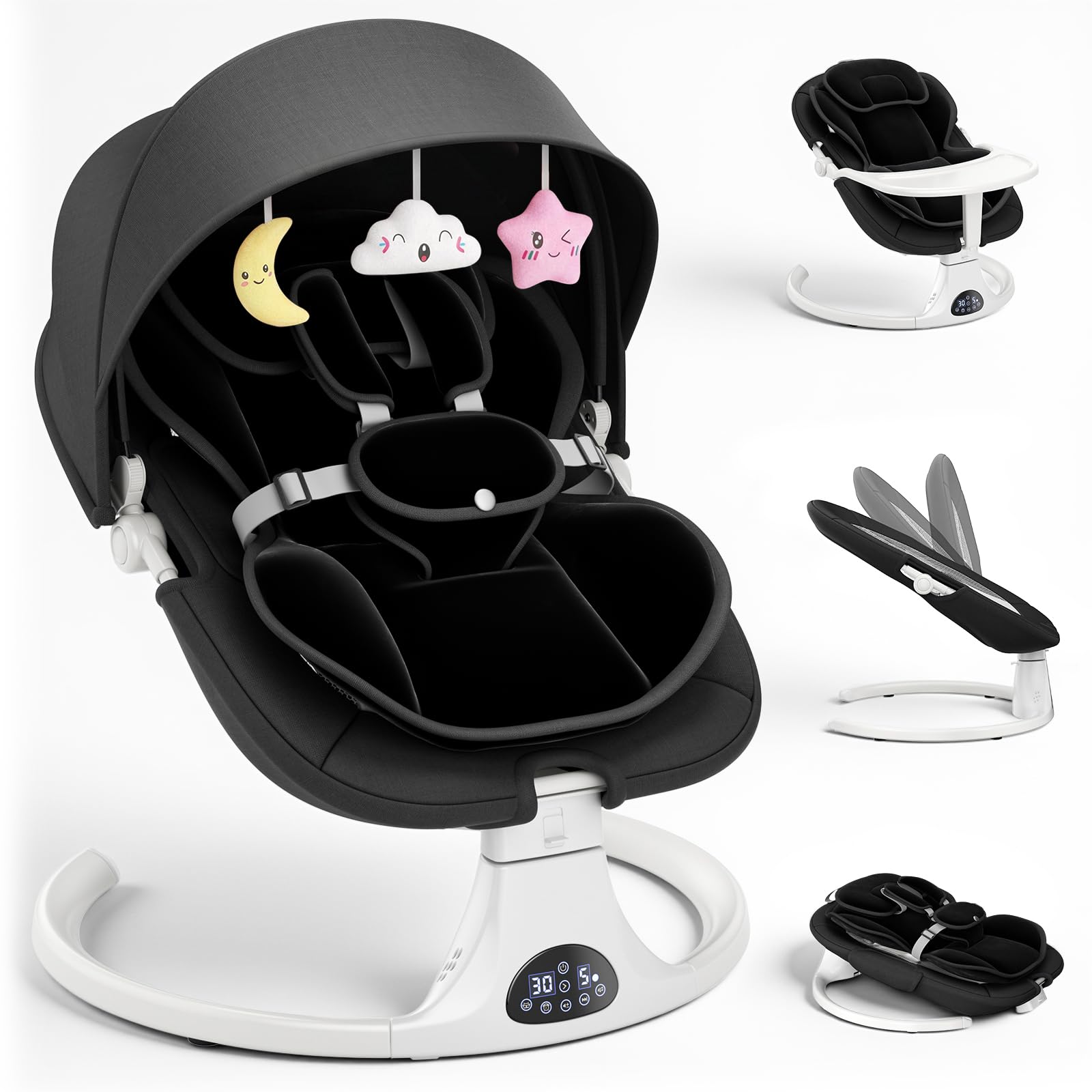 Sdraietta Neonati con Schienale Regolabile, Altalena Neonato Elettrica con Cuscino e Tavolino Laterale Rimovibili, 3 Timer, 5 Velocità di Altalena, 12 Melodie, 3 Opzioni di Alimentazione (Nero)