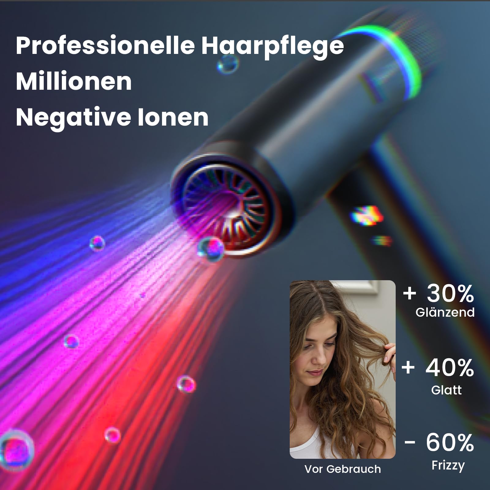 Föhn Ionen Haartrockner, 150000 U/min Fön mit Diffusor für Frauen & Männer, Schnelltrocknen mit 3 Temps/2 Geschwindigkeiten, Leicht für Heimreisen, Gleichmäßige Hitze, Geräuscharm, Schwarz