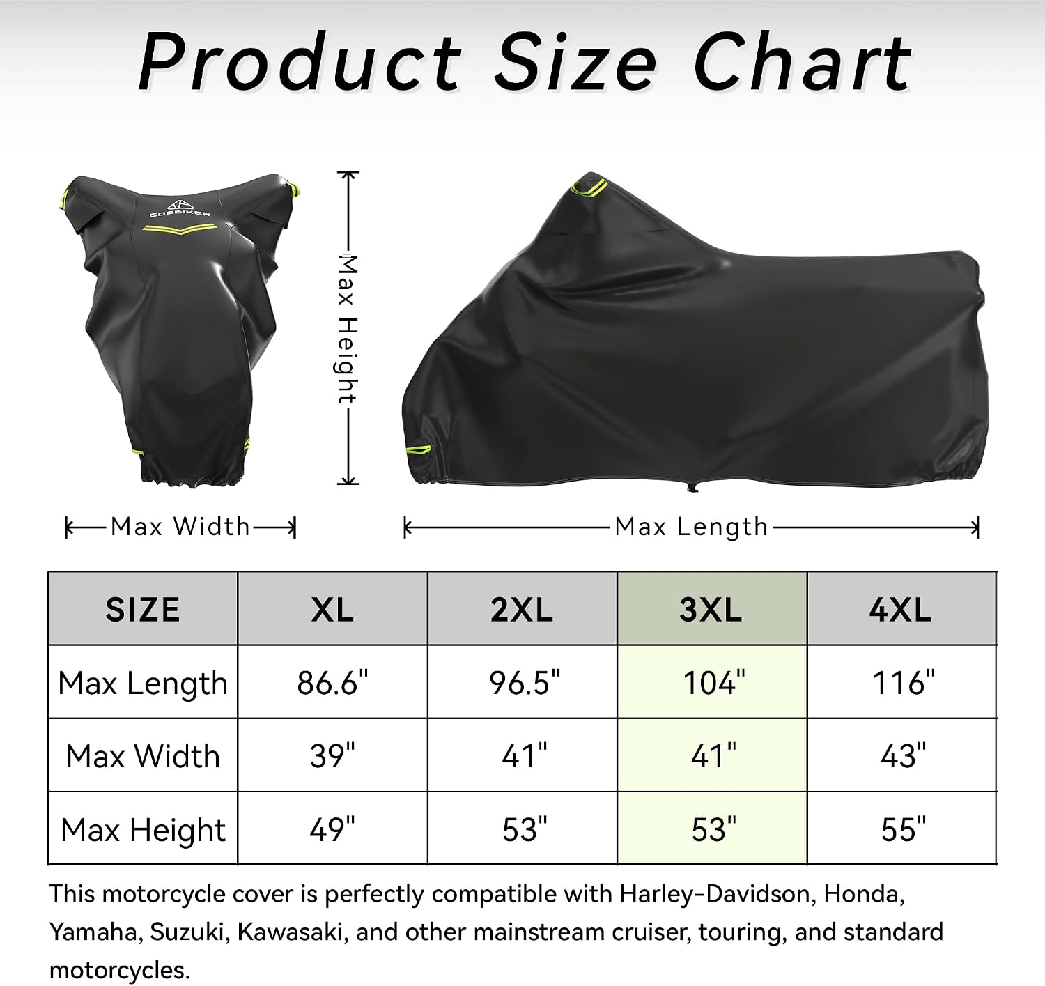 Motorcycle Cover 300D Waterproof Outdoor Night Reflective Breathable Vents All Season Rain Sun Dust Protection Universal Fit Powersports Vehicle Cover with Lock-Holes Fits up to 104"
