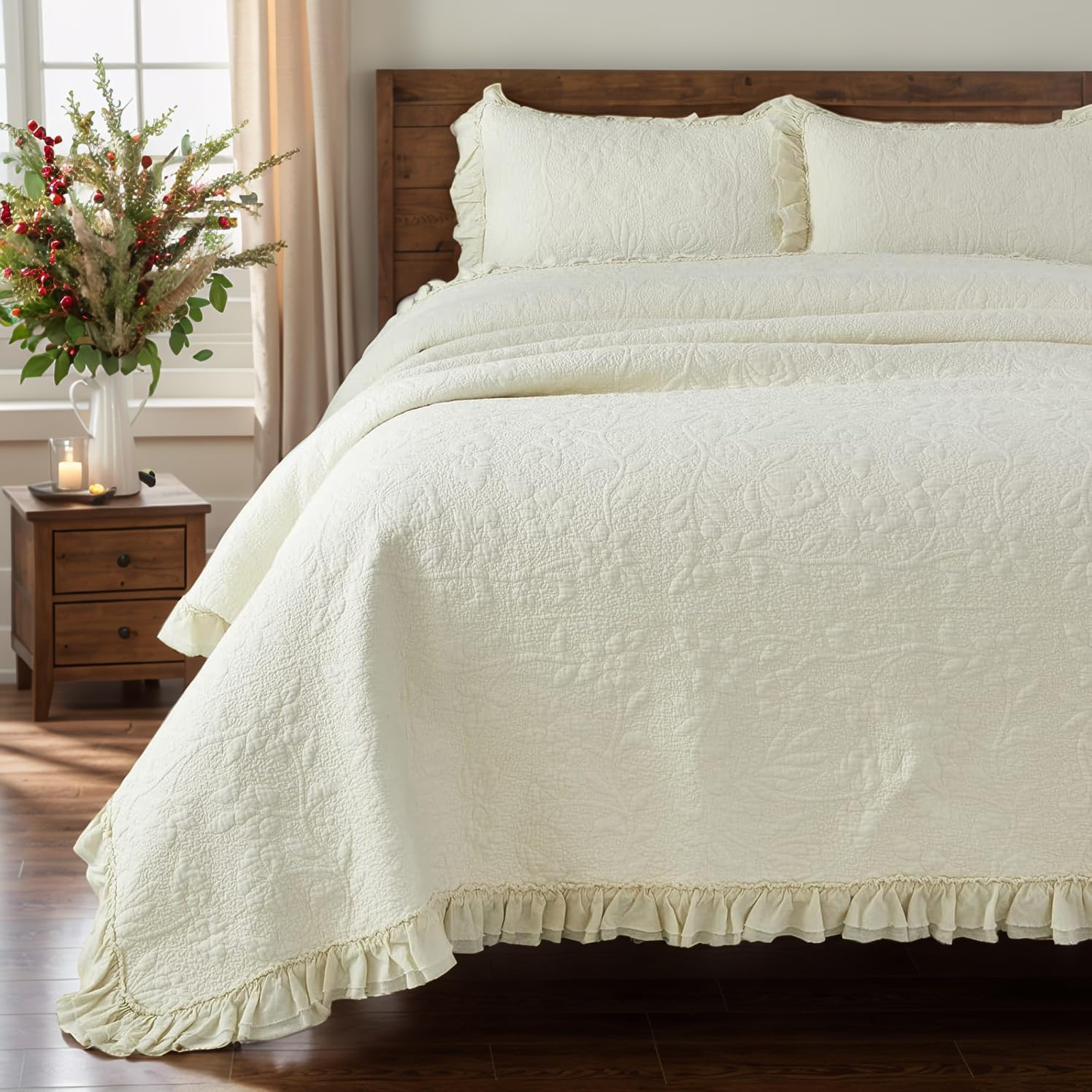 Brandream King Size Quilt Set Cotton Cream Pale Yellow Quilts Cottagecore Bedding All Season Ruffle Bedspread 3-Piece - Image 6