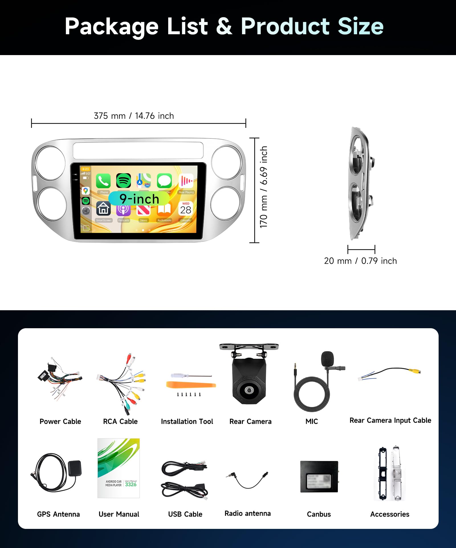 4G+64G Rimoody Android Autoradio per VW Tiguan 2010-2015 9" Schermo IN-CELL Stereo Auto con Wireless Carplay Android Auto Navi GPS Mirror Link Bluetooth WiFi/FM/RDS/EQ/SWC/USB Telecamera Posteriore