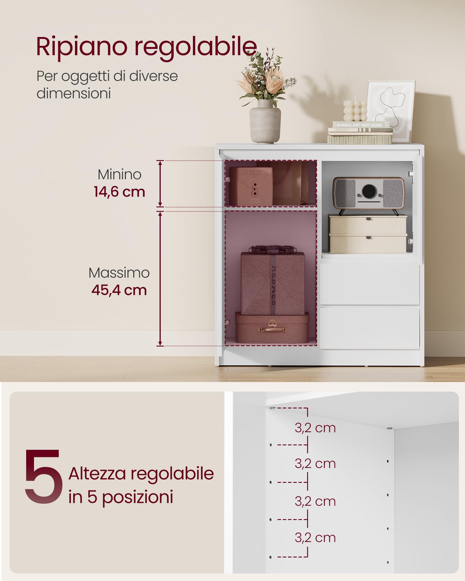 VASAGLE Collezione KAILYN - Credenza, Mobile Contenitore, con Anta e Ripiano Regolabile, 2 Cassetti, 40 x 70 x 74,5 cm, per Soggiorno, Sala da Pranzo, Ufficio, Bianco Nuvola BBK243W01V1