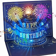 WUJUN Birthday Card 3D Musical Pop Up Card with Light, Unique Style Handmade Happy Birthday Card Greeting Cards with Envelope for Men, Women,Mother, Kids,Express Special Love (Blue Fireworks)