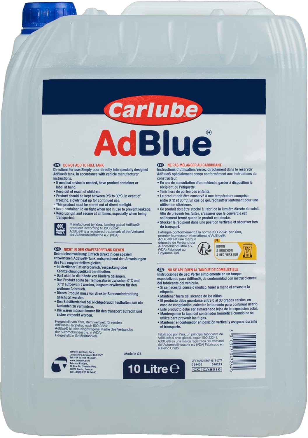 Carlube AdBlue 10L con Beccuccio Integrato Antigoccia, Fluido AUS32 per Motori Diesel Euro 4 5 6, Compatibile SCR, Riduce Emissioni NOx, Conforme ISO 22241