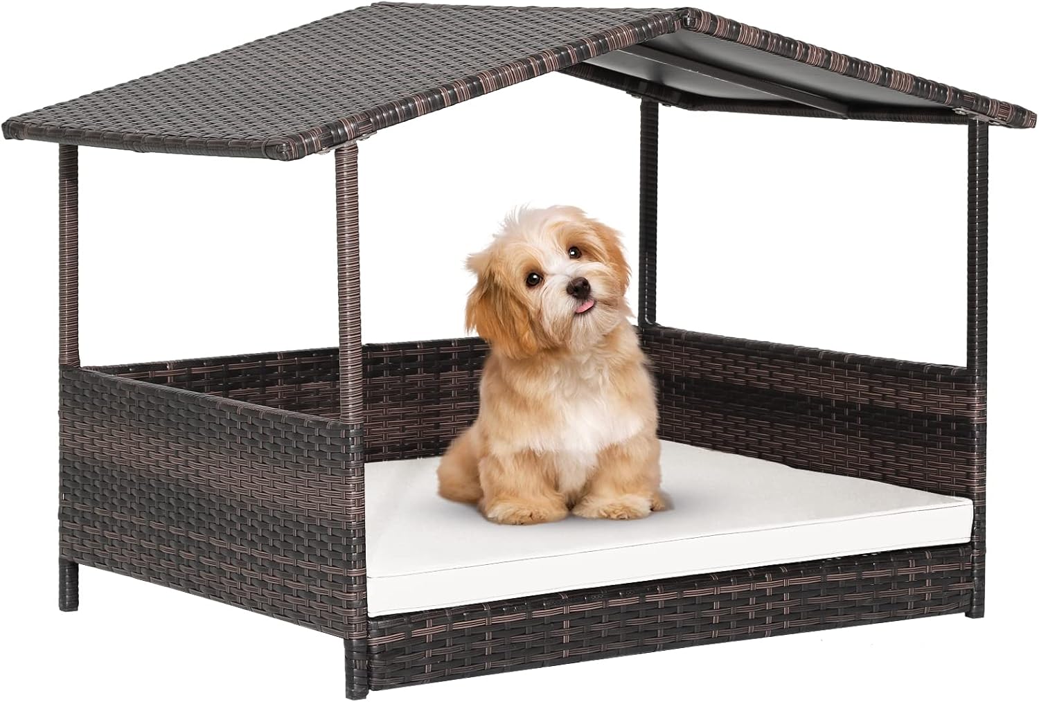 PETSITE Wicker Elevated Dog Bed with Weatherproof Roof, Raised Rattan Pet House Indoor/Outdoor with Removable Cushion Lounge for Small, Medium Dogs
