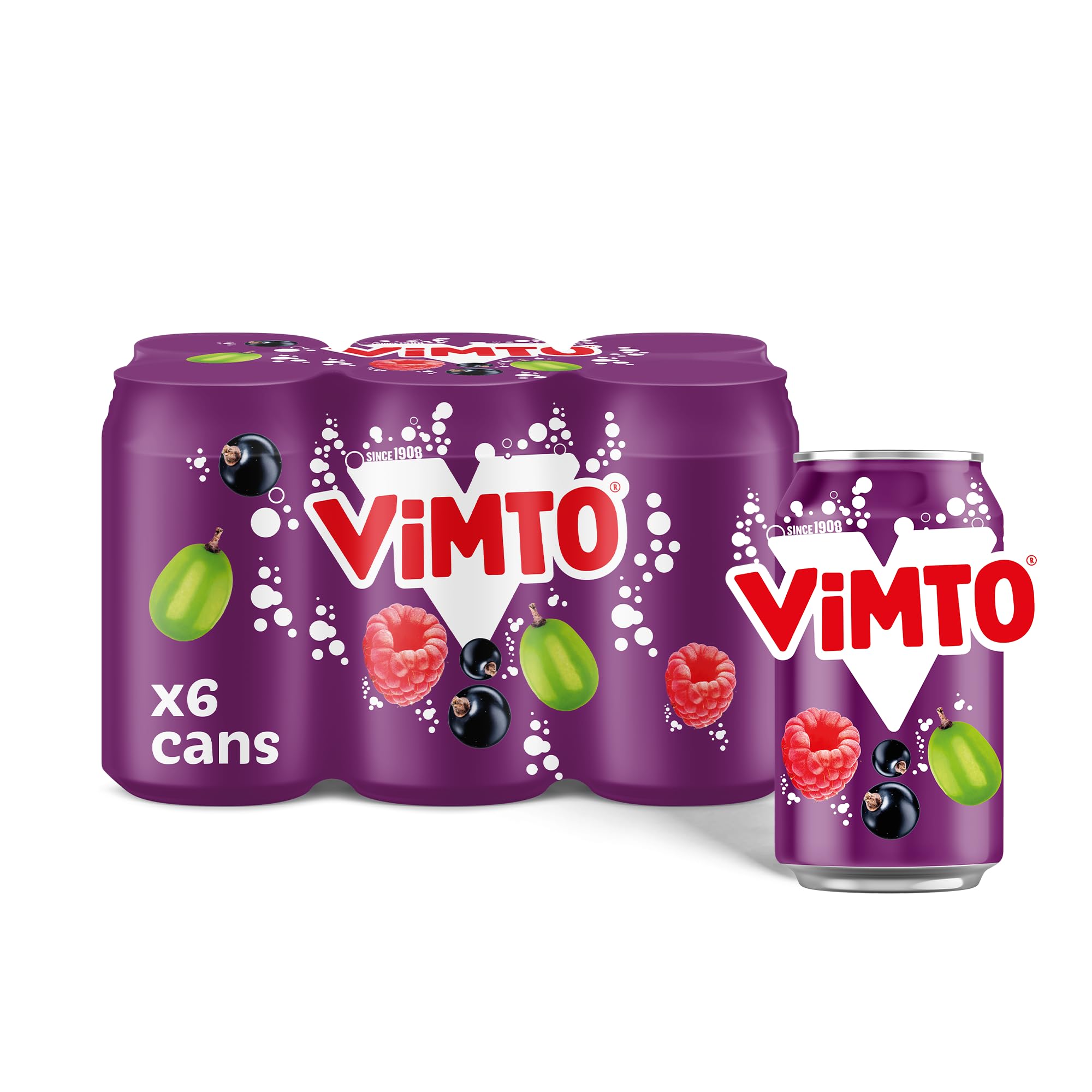 Vimto Fizzy Fruit Juice Drink – Blackcurrant, Grape & Raspberry – 6 x 330ml Cans – Vegetarian – Sparkling Mixed Fruit Flavour – Real Juice from Concentrate