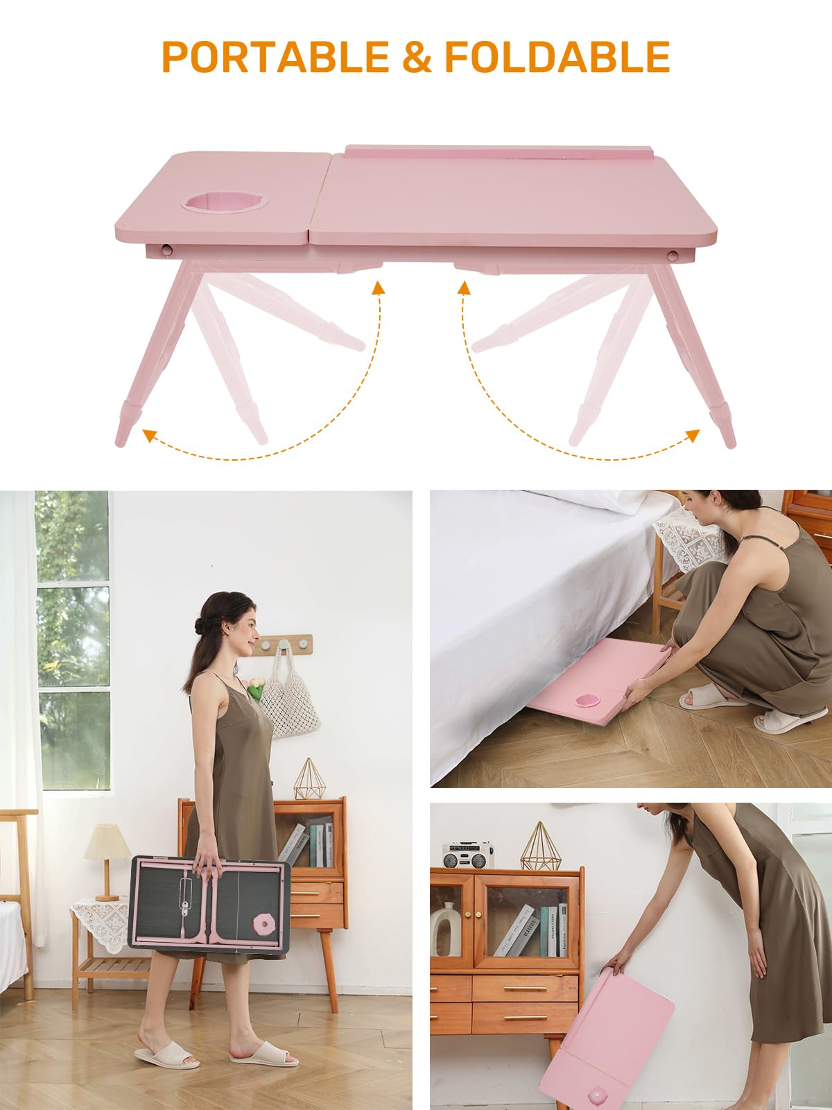 Scrivania per divano/divano/pavimento, scrivania da letto regolabile a 5 angoli con gambe pieghevoli e portabicchieri, tavolino leggero per scrivere/mangiare/leggere, supporto portatile per laptop per