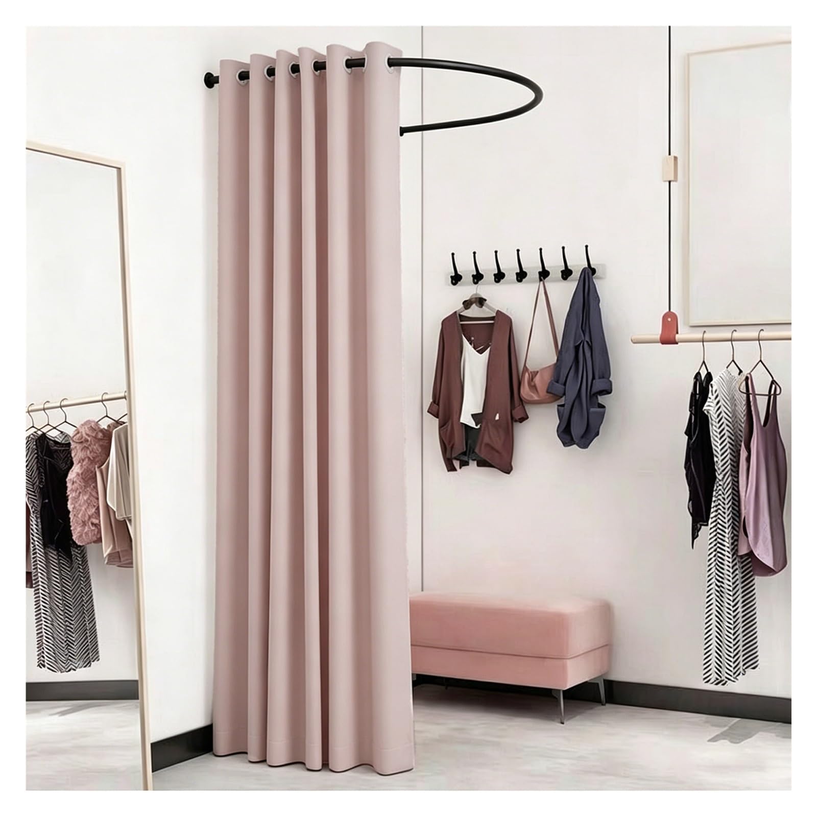 ZJKXJH U Shaped Fitting Room Curtain Rod with Blackout Curtain, Wall-mounted Changing Curtains for Small Spaces, Privacy Partition for Room Divider(Black Rod+Pink Curtain,110cm/43.3in)