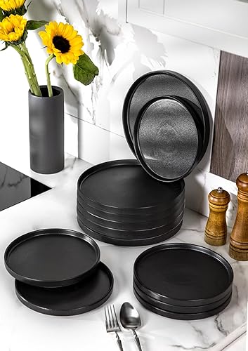 Miniatura 8 de Nucookery Juego de 6 platos de postre de cerámica, platos redondos de ensalada, platos llanos de 8 pulgadas para cocina, microondas, horno y