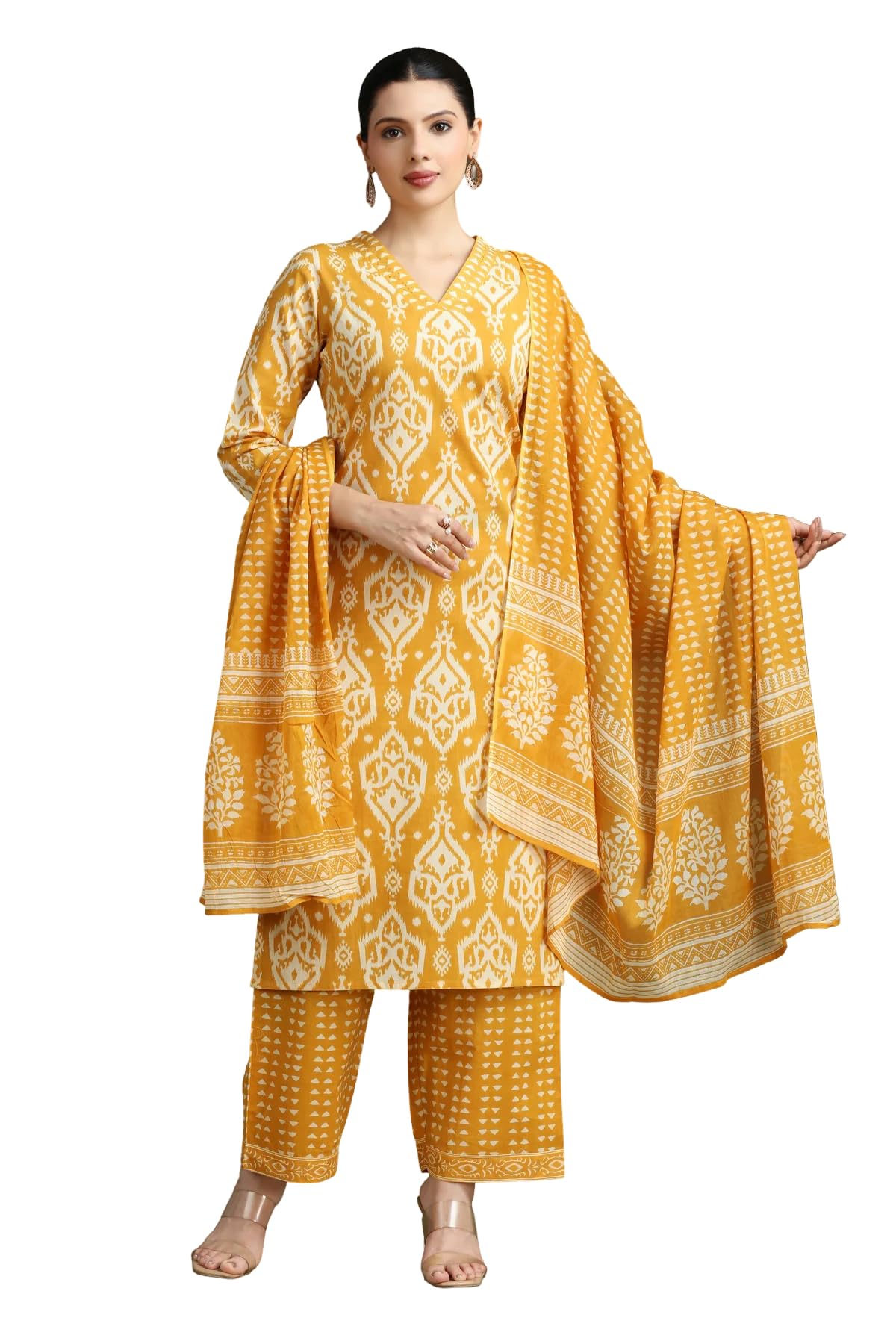 Yellow Printed Ethnic Cotton Ethnic Set-image-47