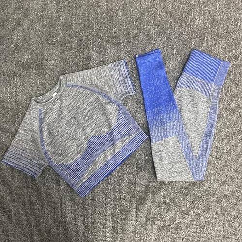 FCCRDS Yoga Pants Women's 2 Piece Tracksuit Seamless Short Sleeve High Waist Control Butt Lifting Legging Yoga Pants Set Striped Knitted Elastic Fitness Sports Yoga Wear(Blue,L)