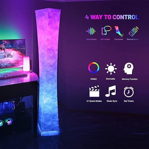 Miniatura 3 de LEONC Design Lámpara de pie LED de luz suave de 61 pulgadas pantalla de tela de bombilla RGB que cambia de color lámpara de pie moderna para sala de