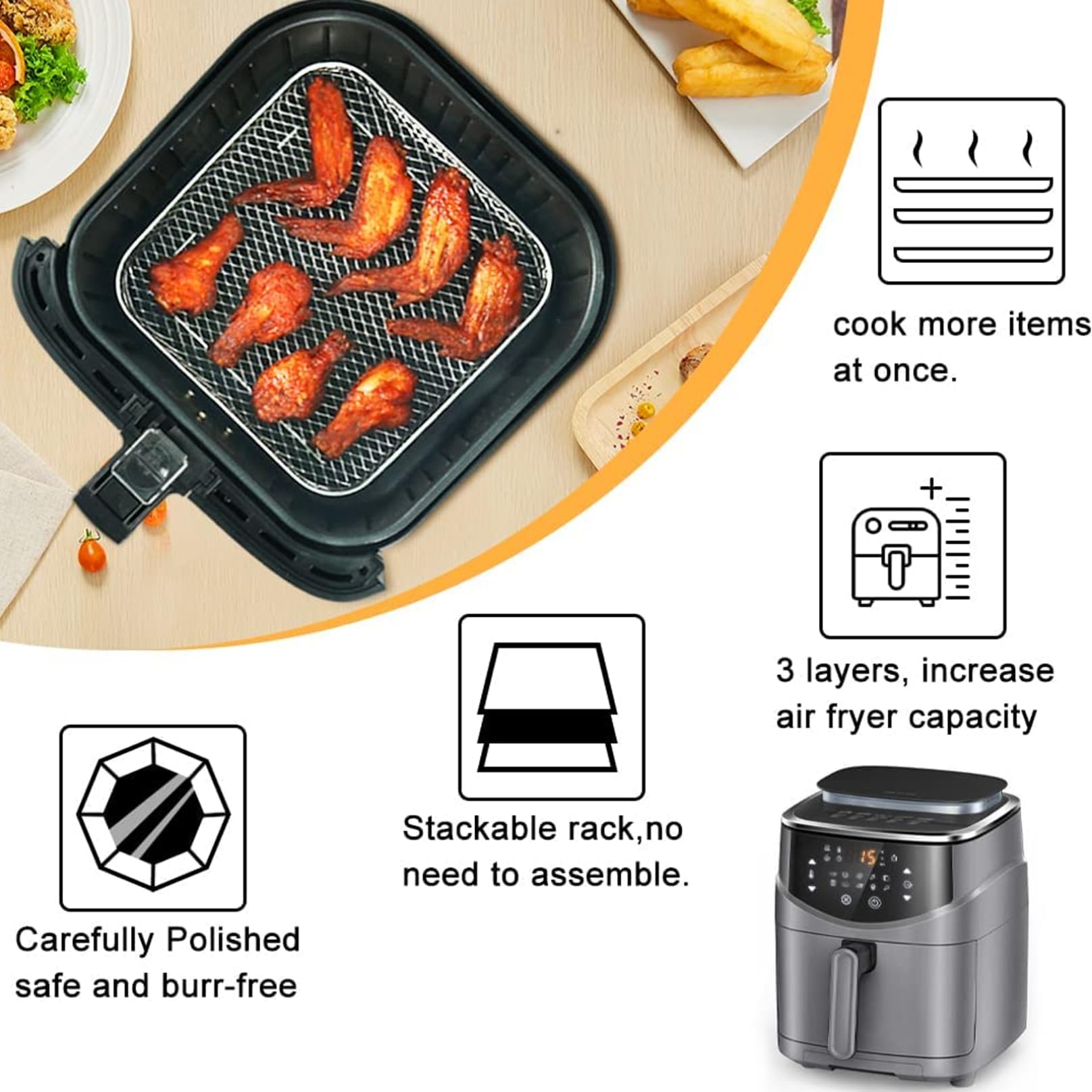 Griglia per friggitrice ad aria, 3 pezzi, impilabile, a torre quadrata, da 20 cm, in acciaio inox, accessori per friggitrice ad aria, accessori per barbecue, forno, friggitrice ad aria da 8 Qt,