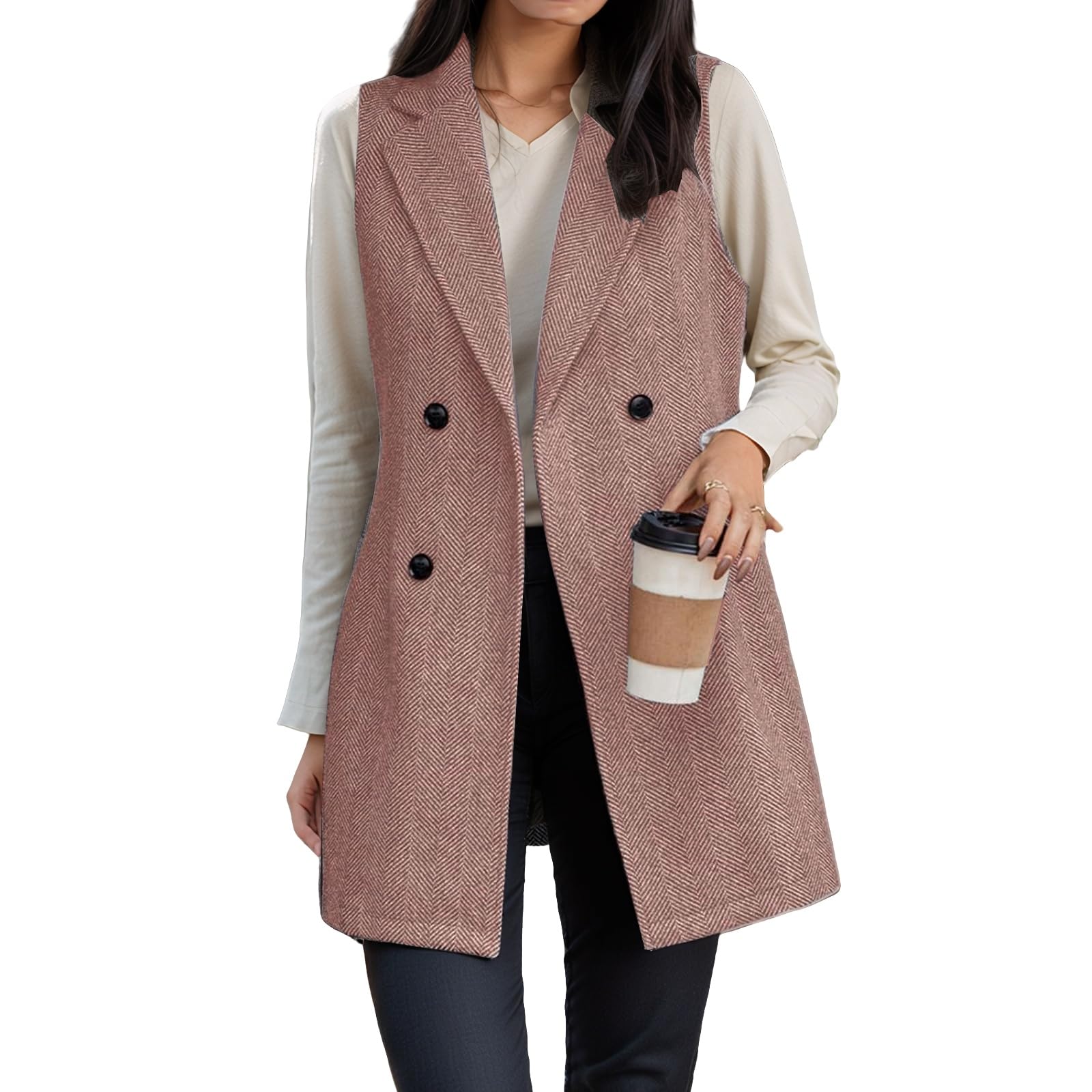 Long Vest for Women Sleeveless Tweed Blazer Casual Lapel Button Down Cardigan Jackets Business Work Office Coats