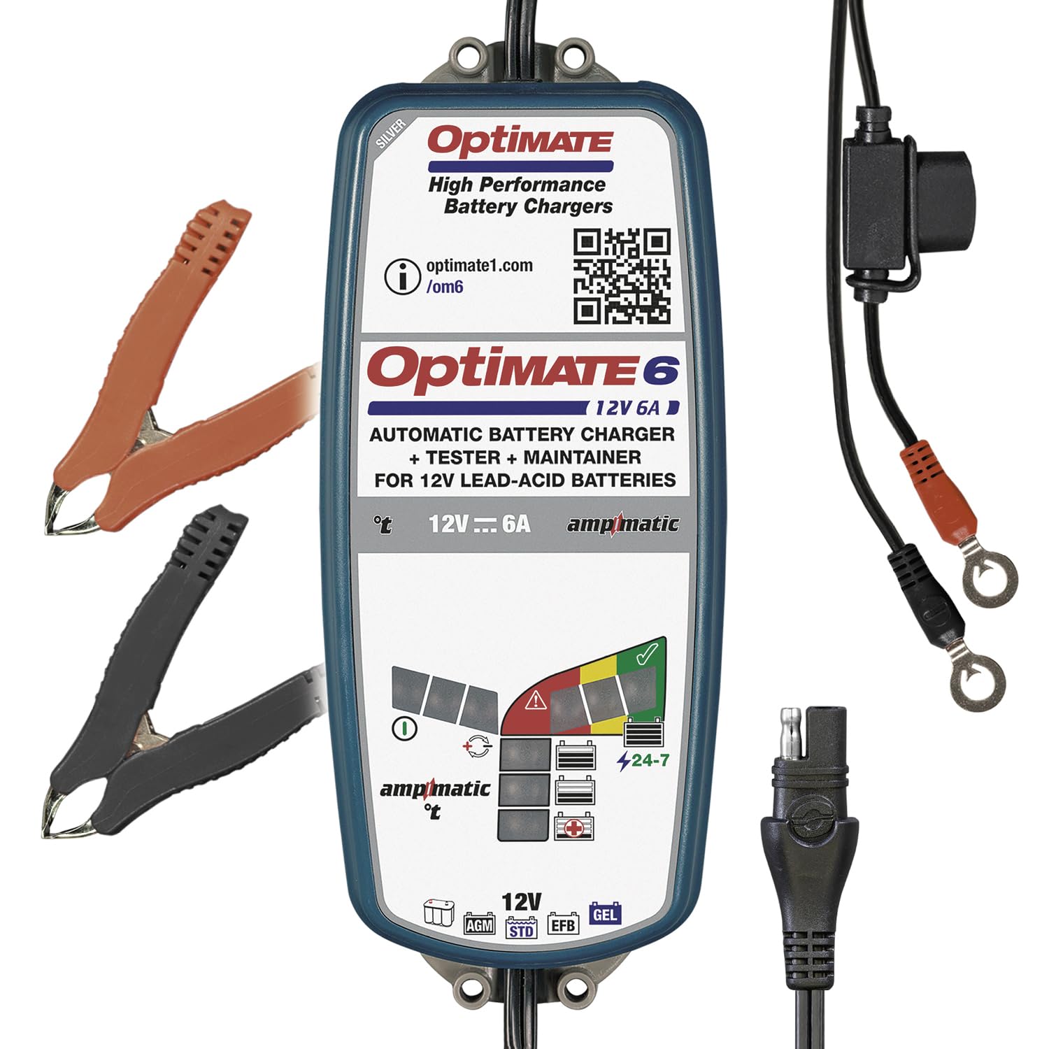 OptiMate 6 Ampmatic 12V 6A Caricabatterie e mantenitore – Caricabatterie automatico intelligente a 9 fasi per batterie al piombo-acido, AGM e GEL da 12V – Caricabatterie di mantenimento sicuro 24/7