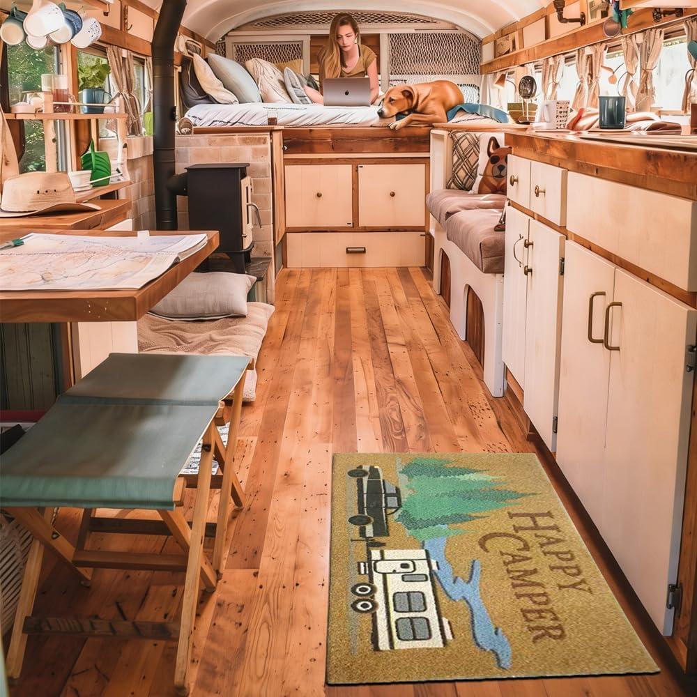 Aucuda Happy Camper Door Mat Outdoor Washable for Kitchen Floor, Welcome Muddy Mats for Front Door Outside Entrance, 30"x17" Entryway Rubber Rug Waterproof for RV, Trailer, Motorhome, Porch, Patio.