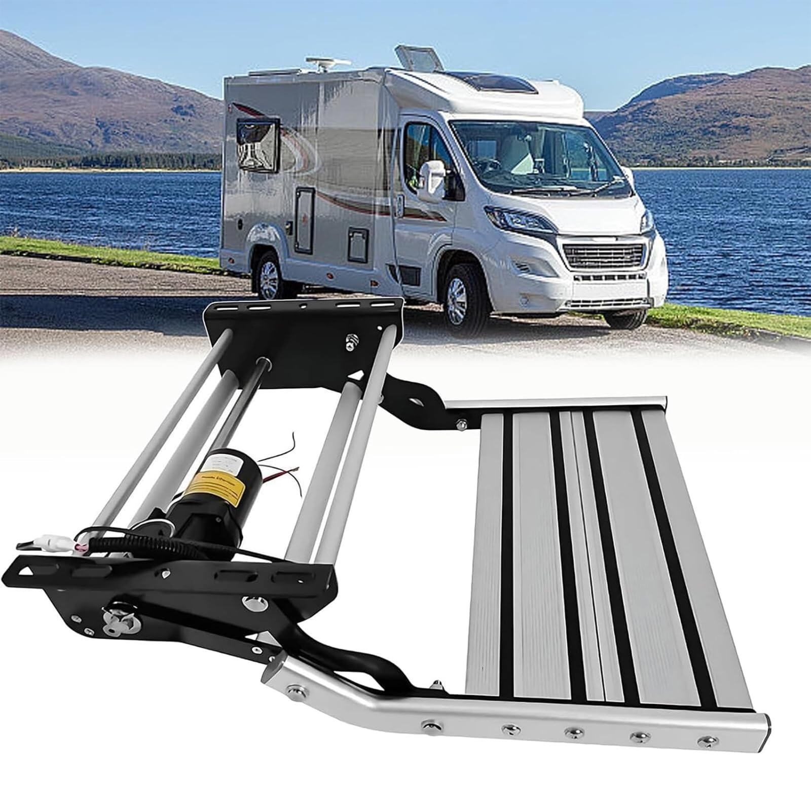 Elektryczne składane stopnie do kampera - 12 V z cichym wodoodpornym silnikiem 80 W, mieści 200 kg, LED na poszerzonej wzmocnionej aluminiowej platformie