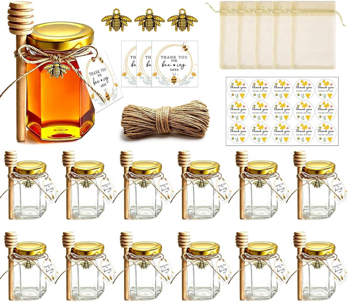 Honey Pot, Glass Honey Jars w/ Dippers, 4oz Hexagonal Honey Jars 12 Pack