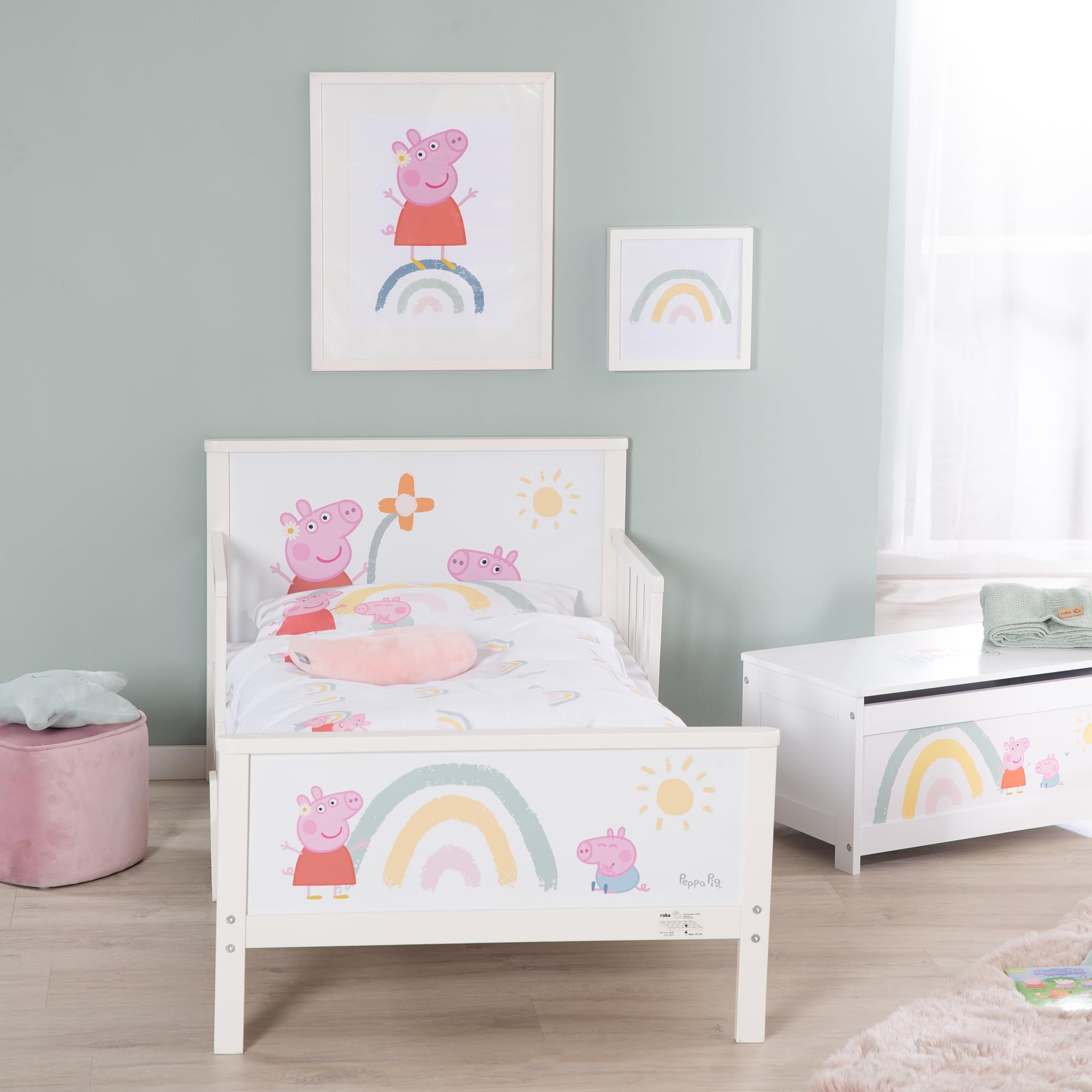 roba Cama Infantil Montessori Peppa Pig 70 x 140 cm para Niños + Somier y Ropa de Cama - Utilizable hasta 7 Años - Blanco/Diseño de Cerda