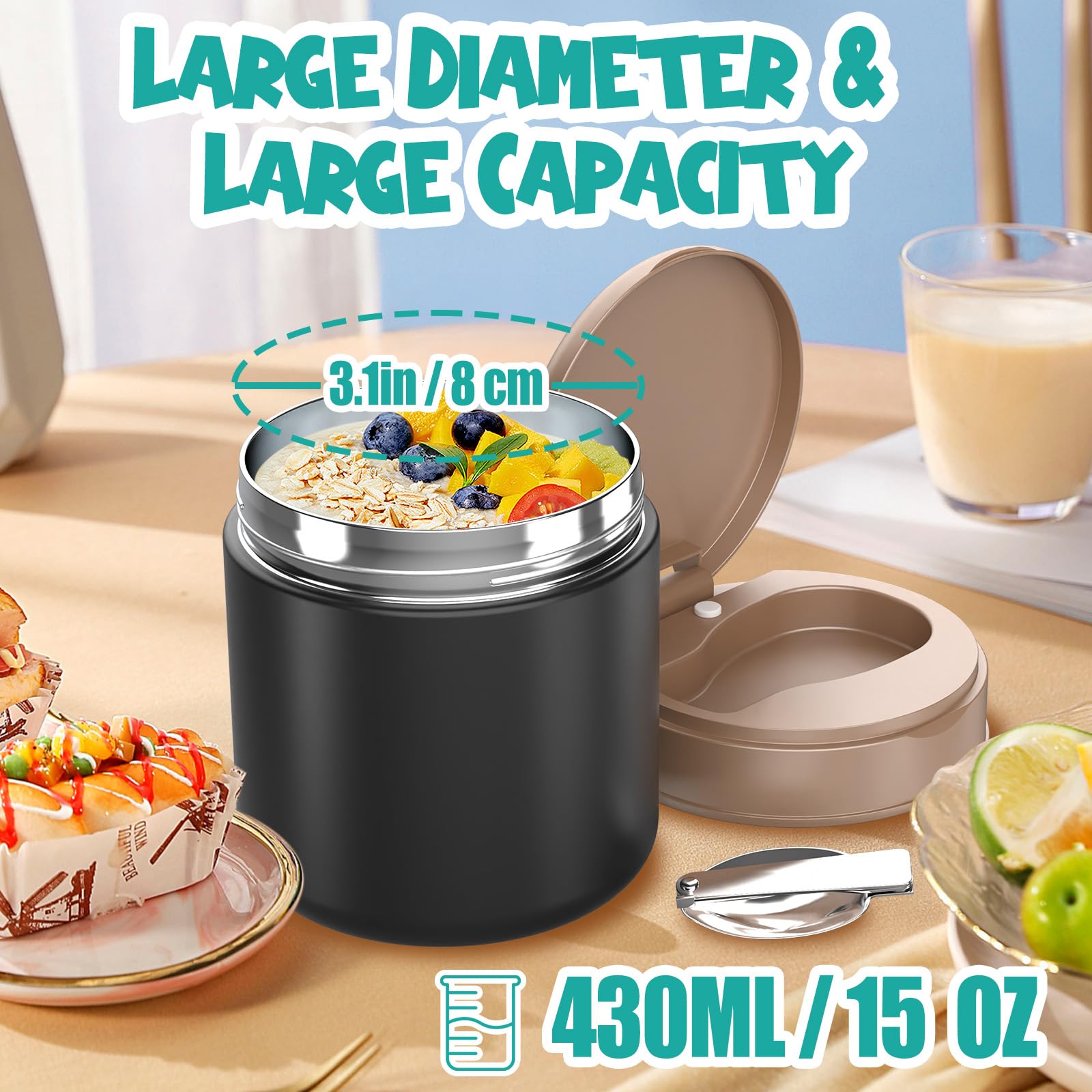 Tarro de comida aislado para sopa, recipiente de almuerzo aislado de acero inoxidable de boca ancha con cuchara plegable 3