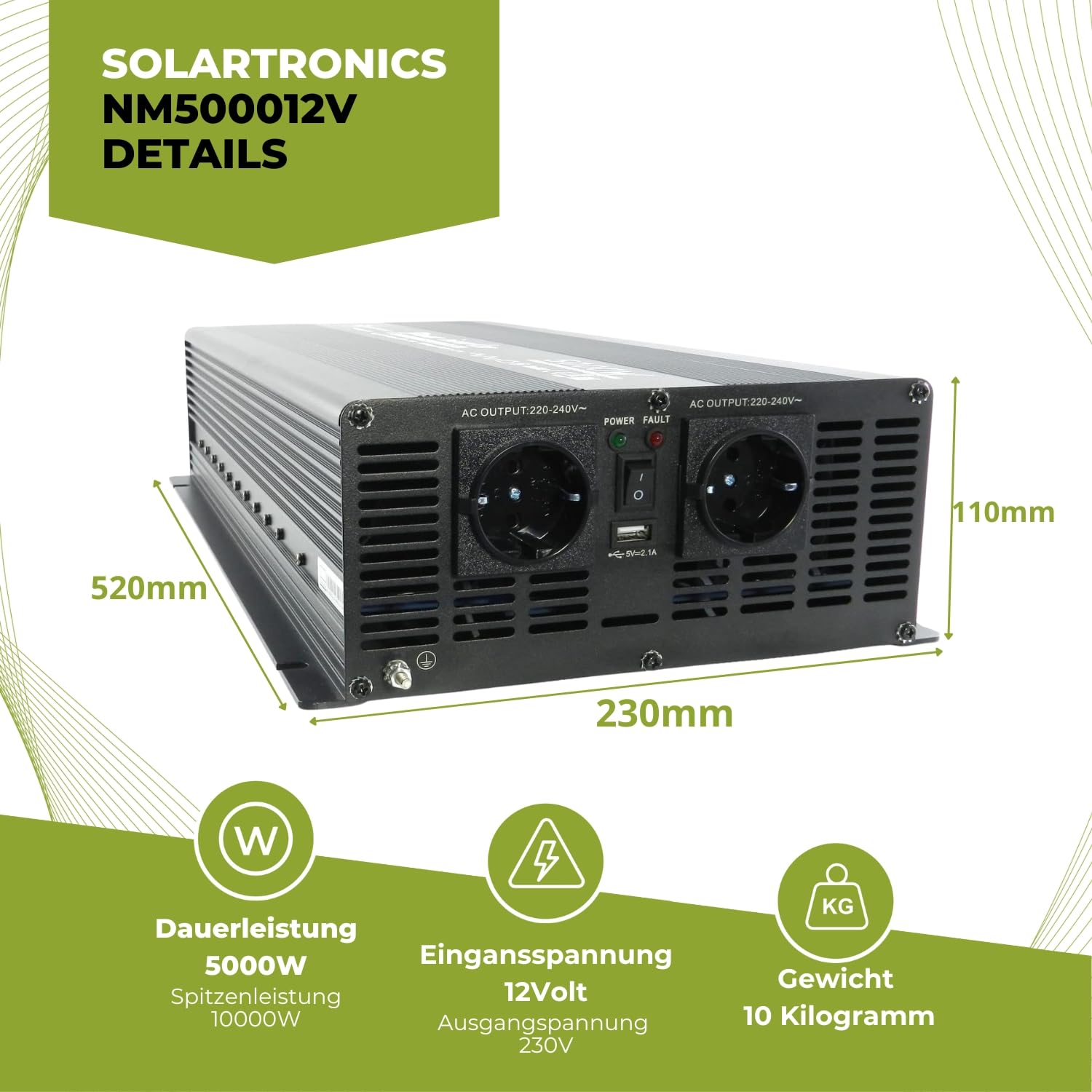 SOLARTRONICS Przetwornica napięcia NM5000 12 V 5000 W czarna - moc szczytowa 10000 W - falownik 12 na 230 V - kompatybilny z bateriami ołowiowymi lub AGM - ze złączem Schuko i USB