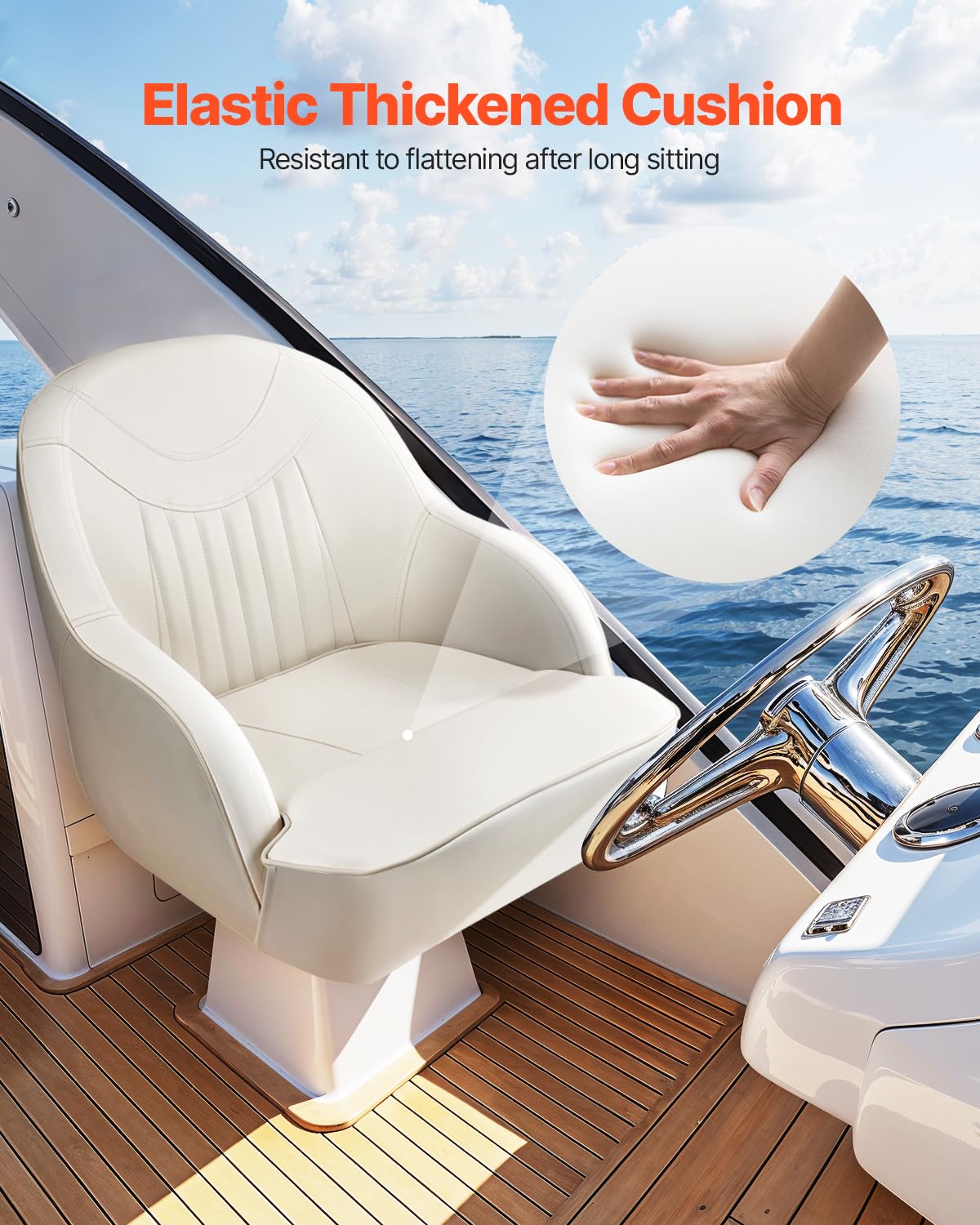 VEVOR Sedile per Barca, Schienale Basso, Sedile Ribaltabile per Barca con Cuscino in Spugna Ispessita e Pelle Impermeabile, Design Ergonomico, per Barche da Pesca, Yacht, Navi, Bianco