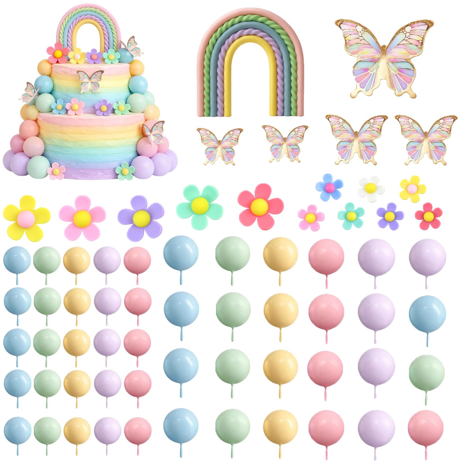 68-Piece Cake Balls Decoration Set, Pastel Cake Decorations with 3D Rainbow Cake Topper, Balloon, Flower Cake Decorations and Butterfly Cake Decorations Inserts for Birthday Party Baking