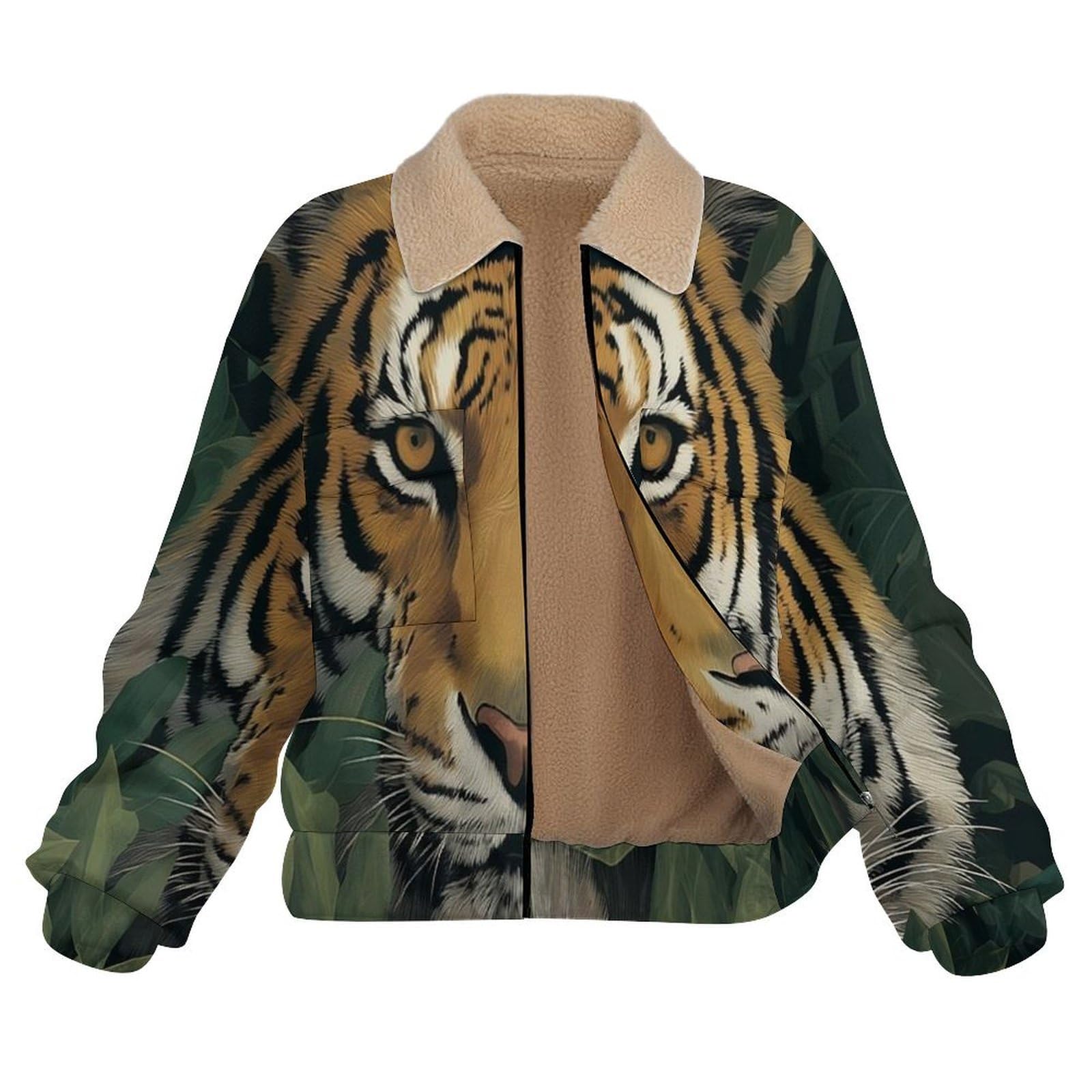 Giacca in Pile da Donna con Chiusura Lampo su Tutta la Lunghezza, Colletto Revers, Cappotto Tigre della foresta Calda Invernale con Tasche, per Escursioni e Tempo Libero