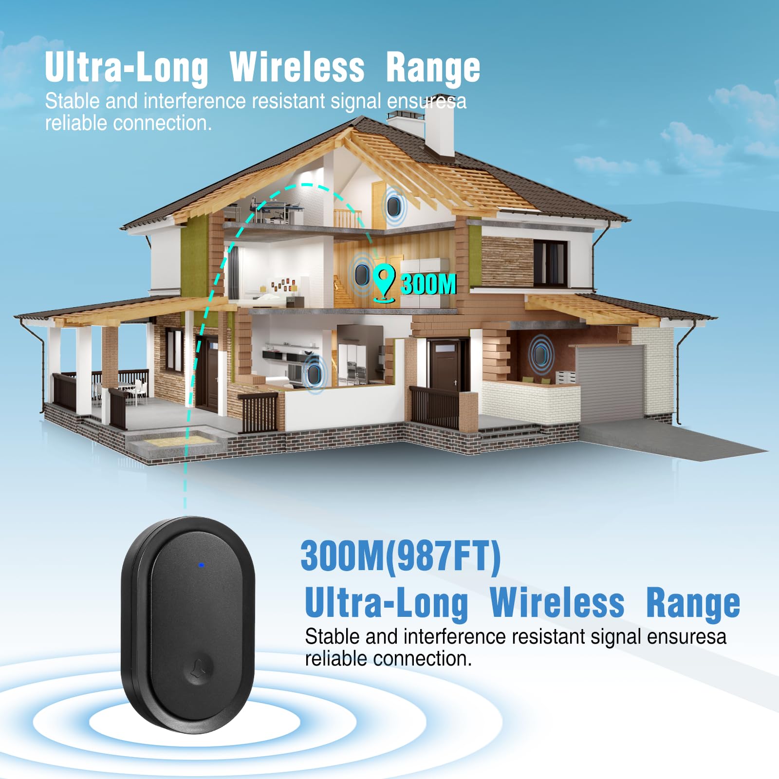 Brencco Campanello Senza Fili da Esterno, IP55 Citofono Senza Fili da Esterno, 300M Campanello Wireless, Ricevitore da Interno con 5 Volumi Regolabili, 60 Suonerie, Nero