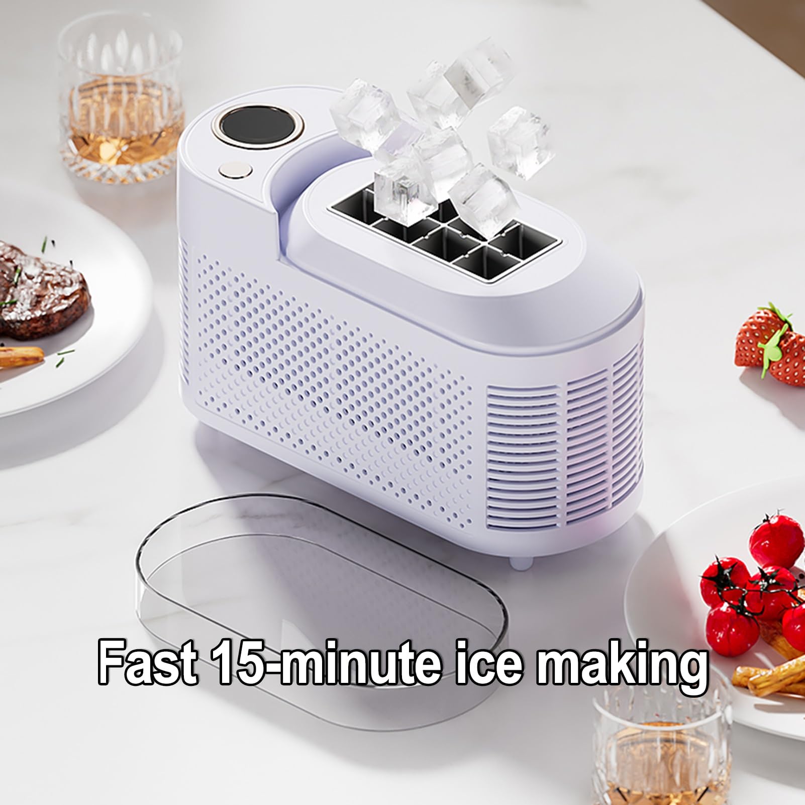 Máquina portátil for fabricar hielo, ideal for el hogar, el escritorio o el camping: 8 cubos en 15 minutos, funciona con coche y CA/CC, fácil de rellenar y limpiar, hielo hueco rápido (0,8 l)(Purple)