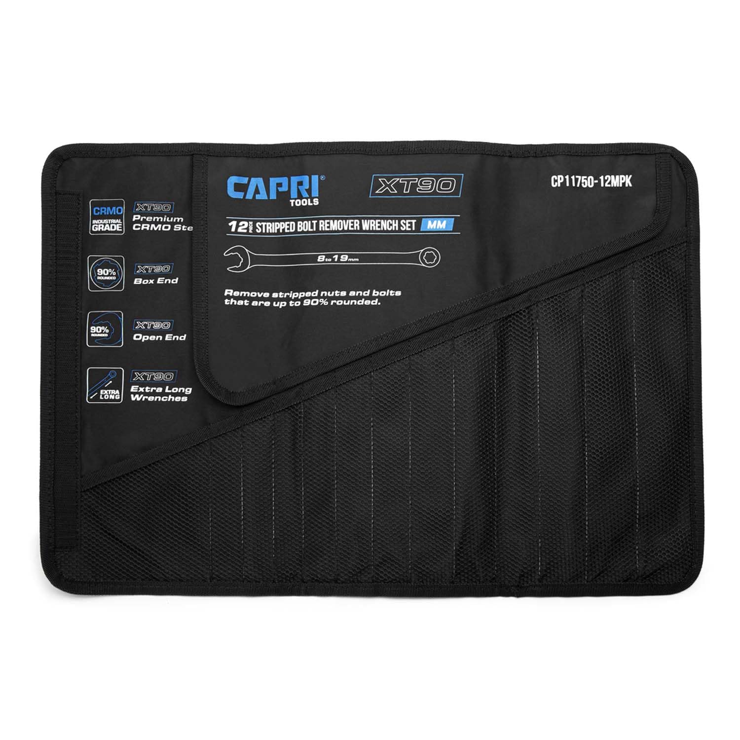 Capri Tools Wrench Roll Up Pouch for Extra-Long Wrenches, Metric, 12 Pockets, Black, Deep Pocket