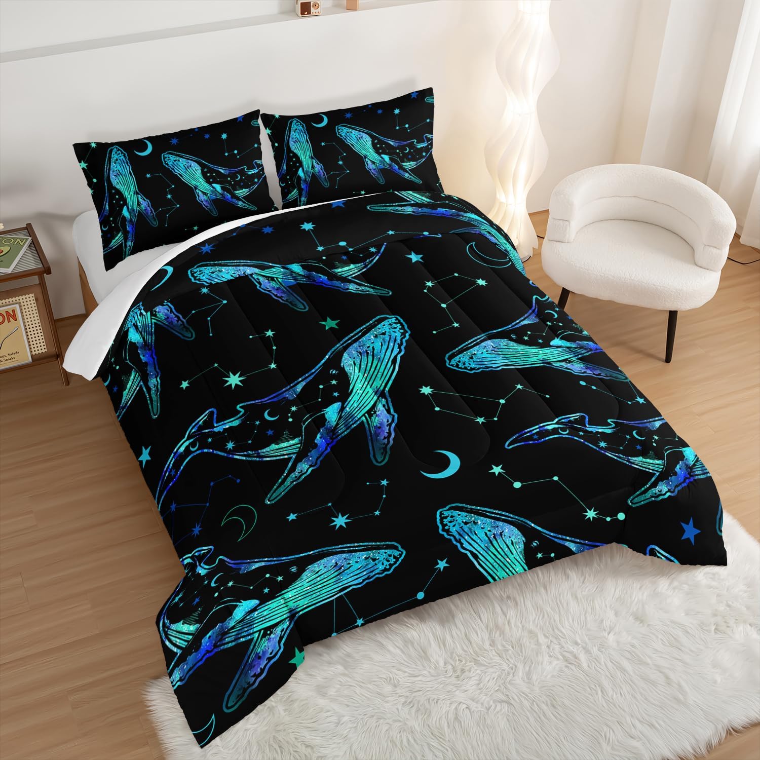 Whale Print Comforter Marine Life Bedding Set,Glowing Stars Moon Constellation Pattern Comforter Sets for Kids Boys Girls Room Decor,Cute Coastal Bedding Set Queen Size with 2 Pillowcases.