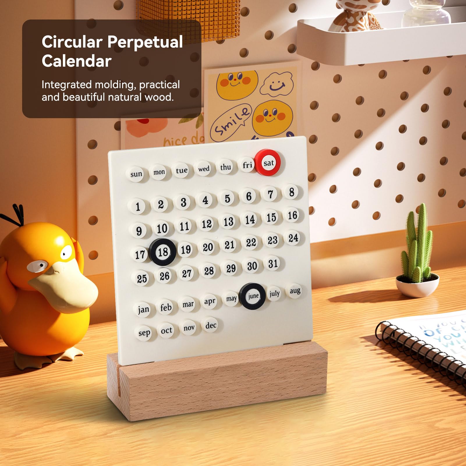 HERCHR Wooden Perpetual Calendar Desk Calendar Date DIY Ornament Wood Base Desktop DIY Ring Manual Ferrule Daily Schedule Date Desk Shop Office Home Decoration - Image 3