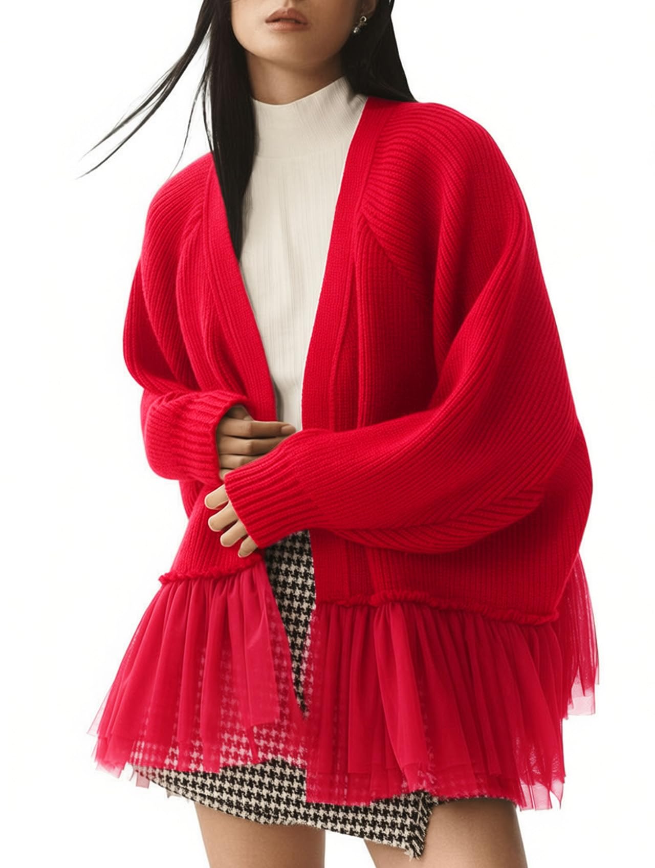Womens Ruffled Tulle Knit Cardigan Sweaters Asymmetric Peplum Patchwork Open Front Sweater Fall Casual Outwear