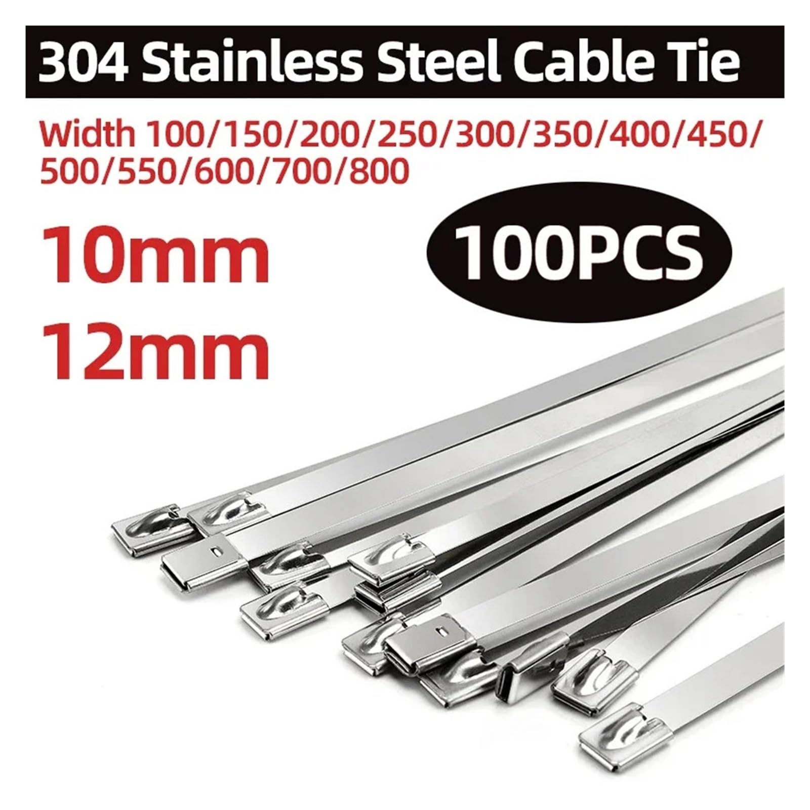Fascette in metallo rivestito in acciaio inossidabile 304 da 100 pezzi, fascette autobloccanti con sfera da 10 mm/12 mm, multiuso per l'avvolgimento dello scarico(12MM-1000mm)