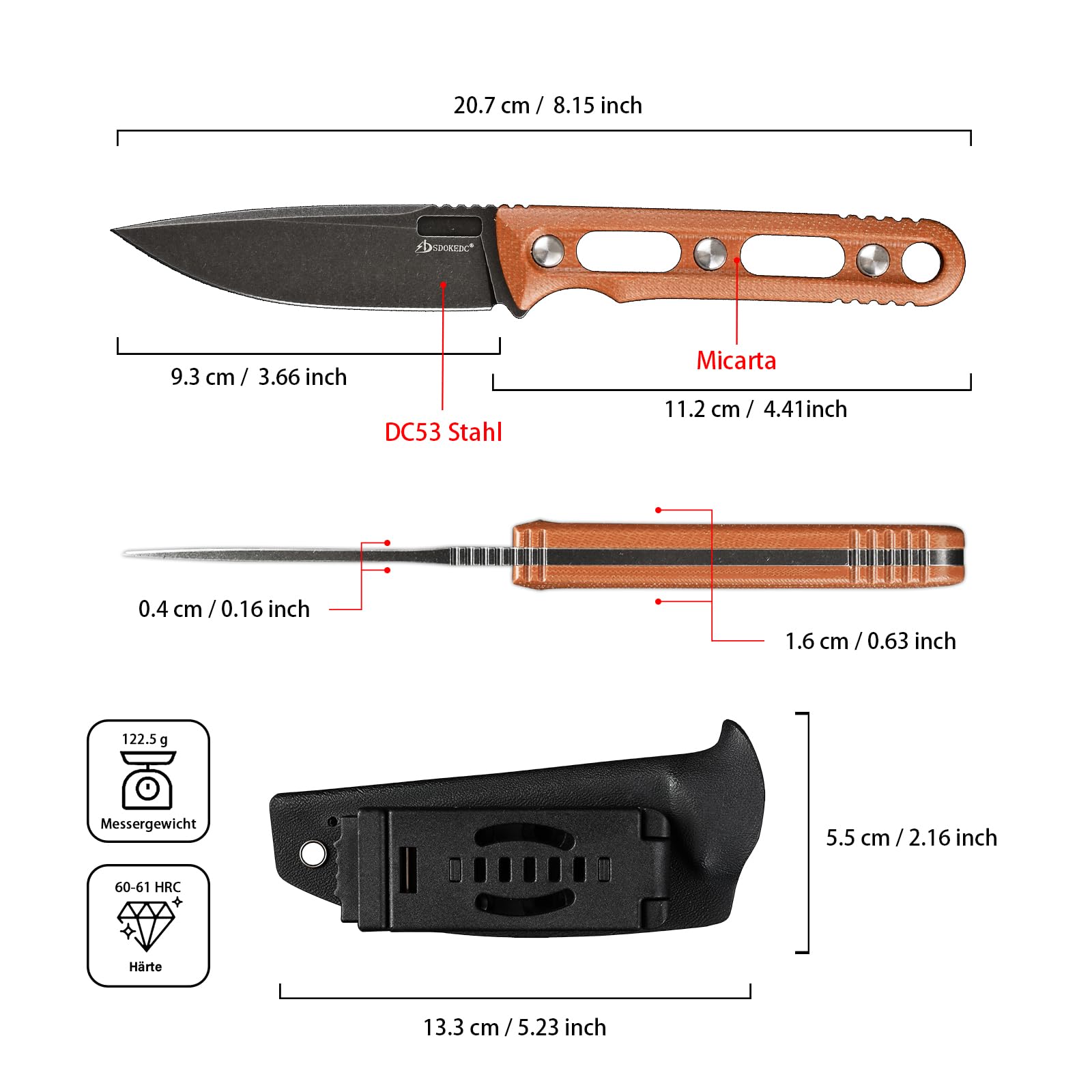 DC53 Stahl messer Feststehende Klinge mit Kydex Scheide Micarta Griff Jagdmesser für Männer EDC Camping Survival Outdoor (Schwarze Steinwäsche + braune Griffe)