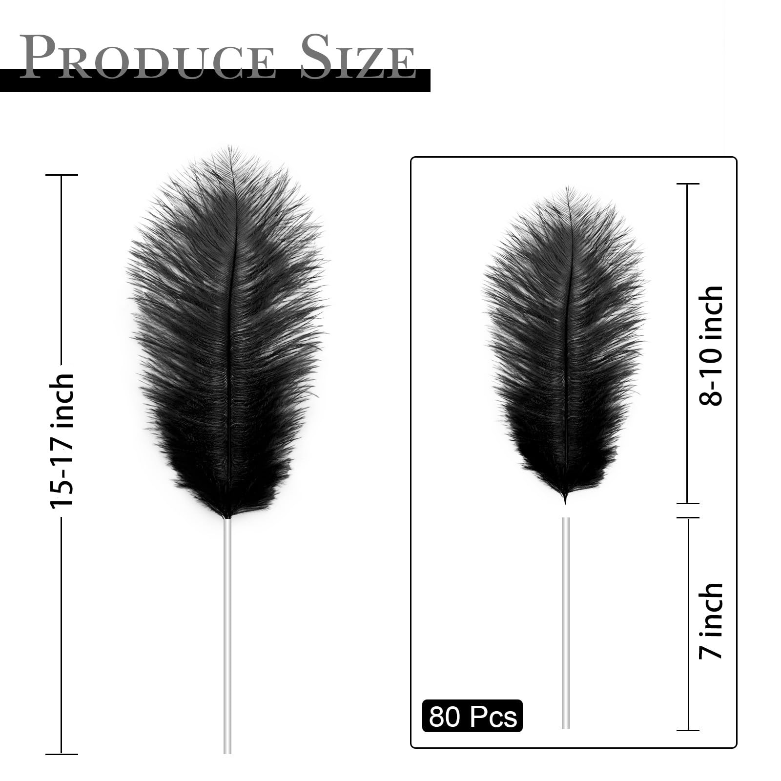 80pcs 15-17 inches (38-43 cm) Black Natural Bulk Ostrich Feathers Kit. Kits Contain 8-10 inches of Feathers and 7 inches of White Feather Sticks.for Various DIY Projects.(Black)