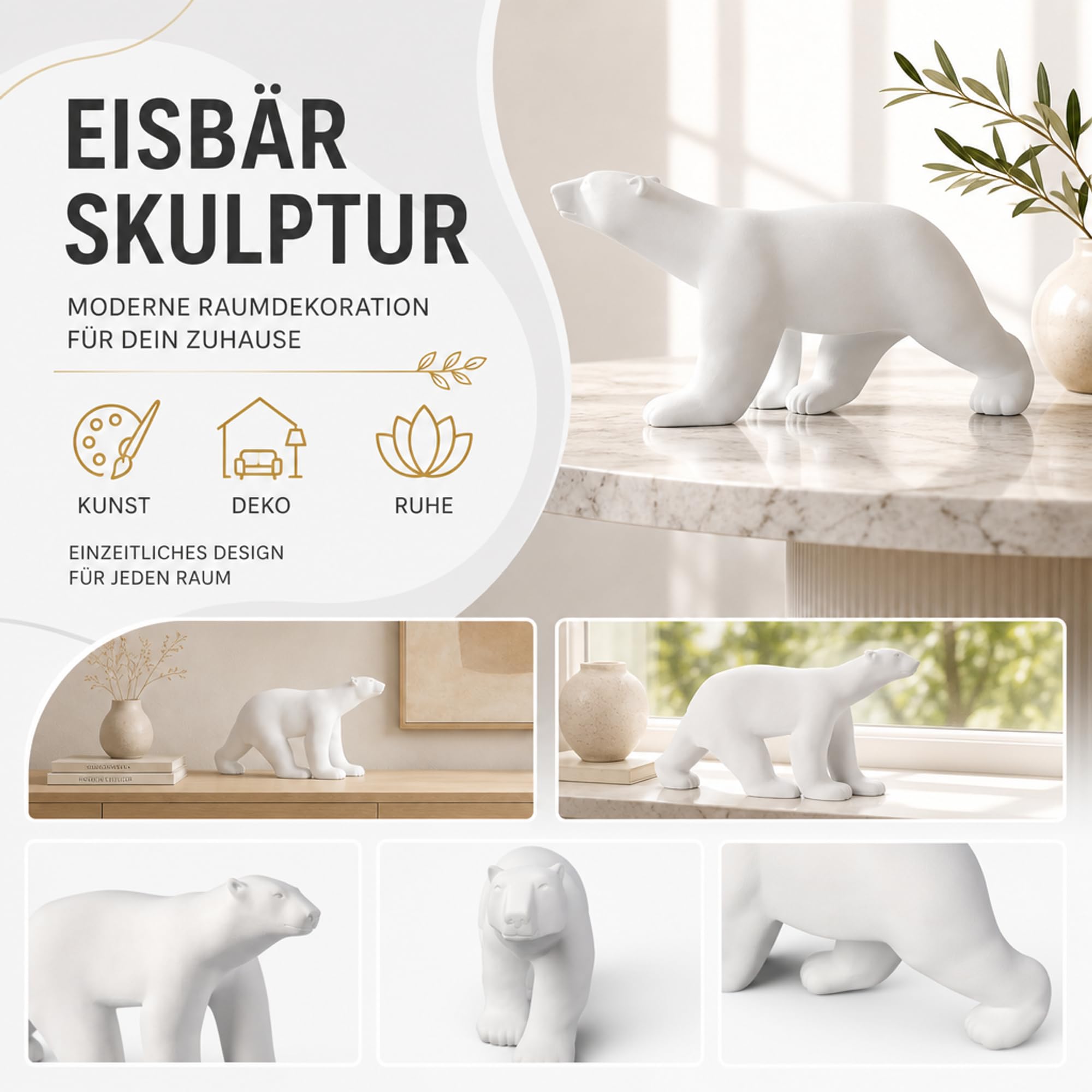Parastone Eisbär Skulptur Ours Blanc – ruhige Raumdekoration für Wohnzimmer/Büro – Harz Weiß 30 cm XL nach François Pompon