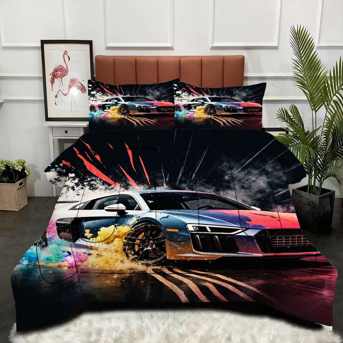 Couette 240 x 260 cm style course auto pour transformer la chambre d'un adolescent passionné