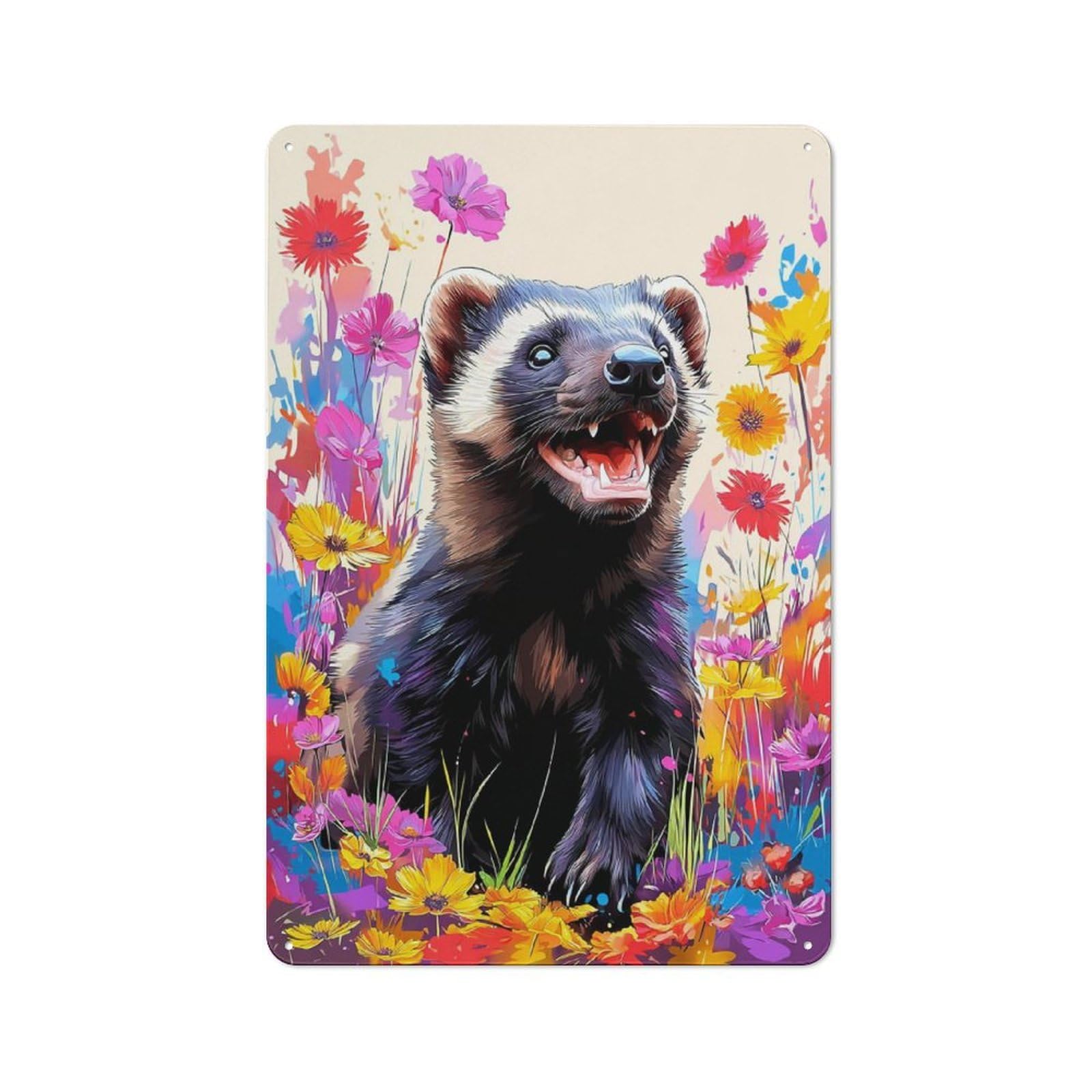 Junmoney Honey Badger In A Field Of Flowers Modern Vintage Metal Desk Wall Sign 30X20cm, Office Wall Decor For Office, Study, Studio Or Hallway