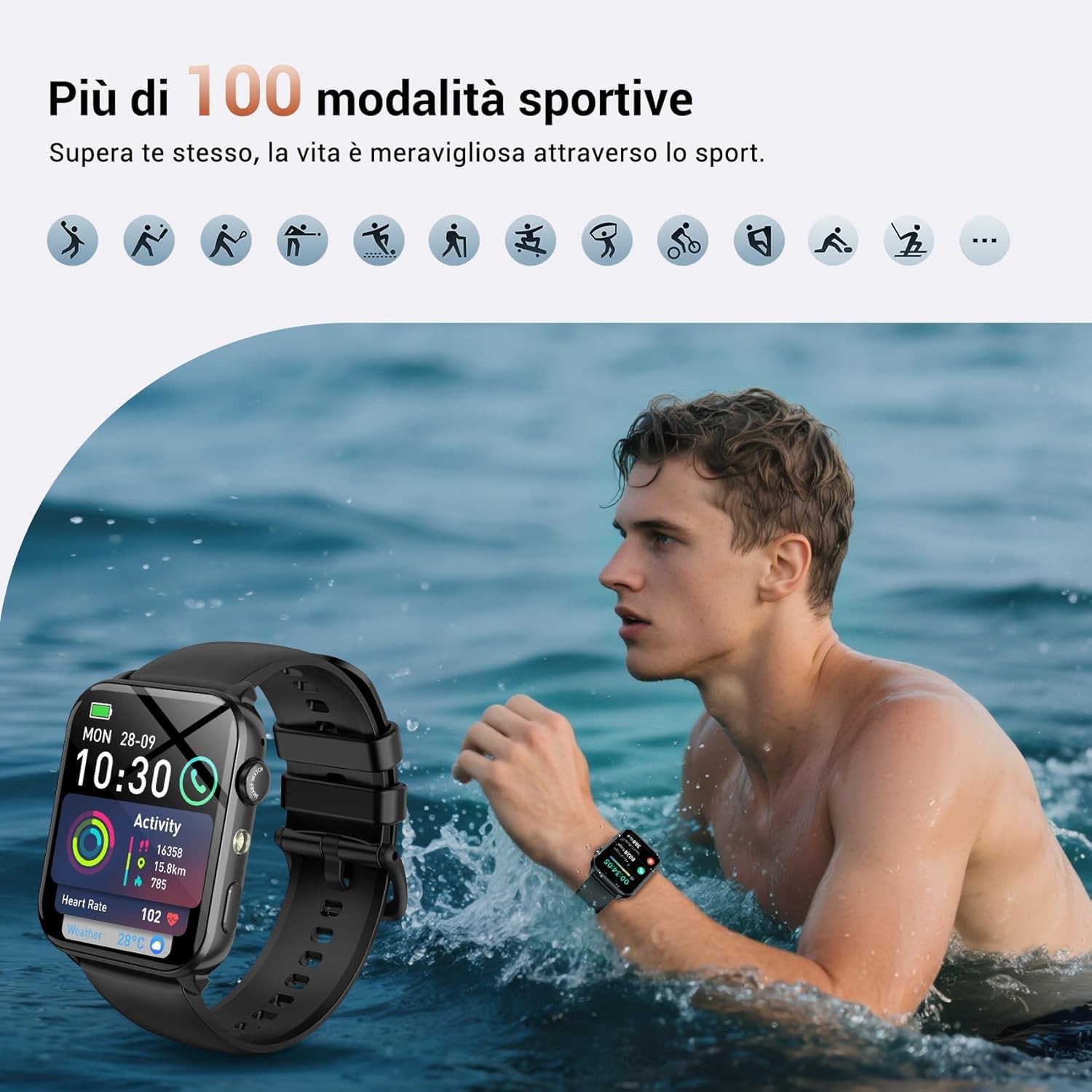 IOWODO Smartwatch Uomo Donna,Orologio Fitness con Chiamate,1.91" Smart Watch Monitor del SpO2/ Sonno,24H Cardiofrequenzimetro,100 modalità Sportive,Fitness Tracker per Android iOS