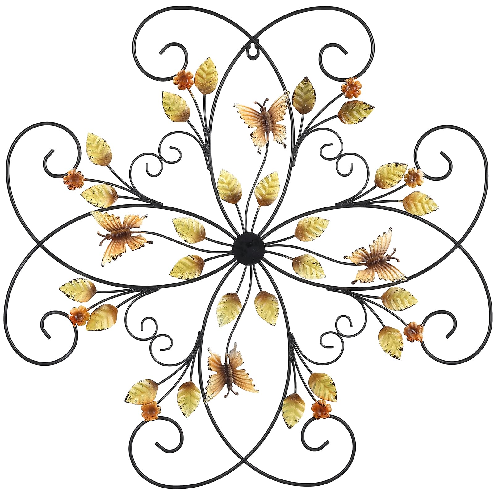 XAONIEN 24" Metal Flower Scroll Wall Art Decor Sculptures with Rust Leaf and Butterfly for Outdoor Indoor Living room Bedroom
